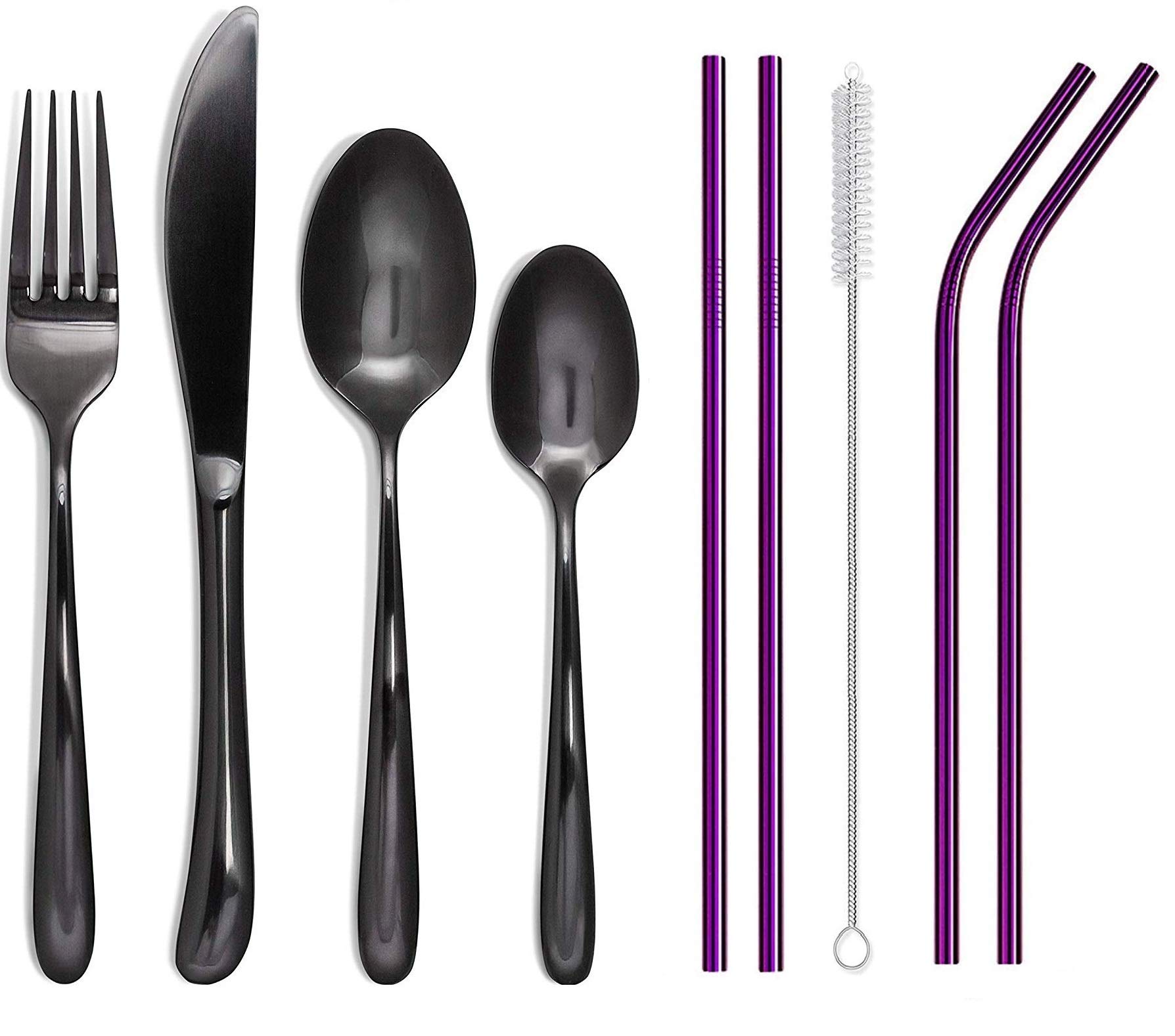 STAR WORK - Stainless Steel Travel Camping Cutlery 4 pcs Flatware Set Including Knife Fork Spoon Cleaning Brush 5 Metal Straws Set,Dishwasher Safe (Total 9 PCS Combo) (Black Spoon with Purple Straw)
