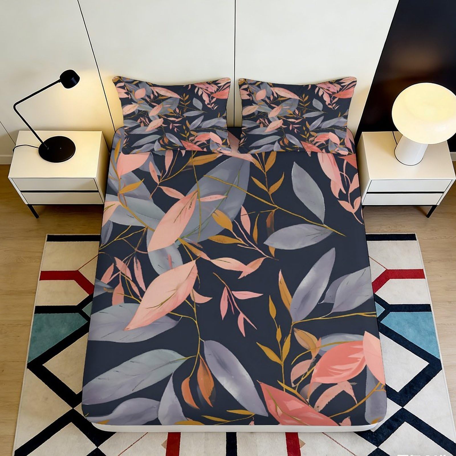 3D Printed Botanical Leaves Fitted Sheet Microfiber Deep Pocket Bedroom Bedding Botanical Leaves Mattress Fitted Cover Non-Slip Full Wrap Washable 90x200x25cm