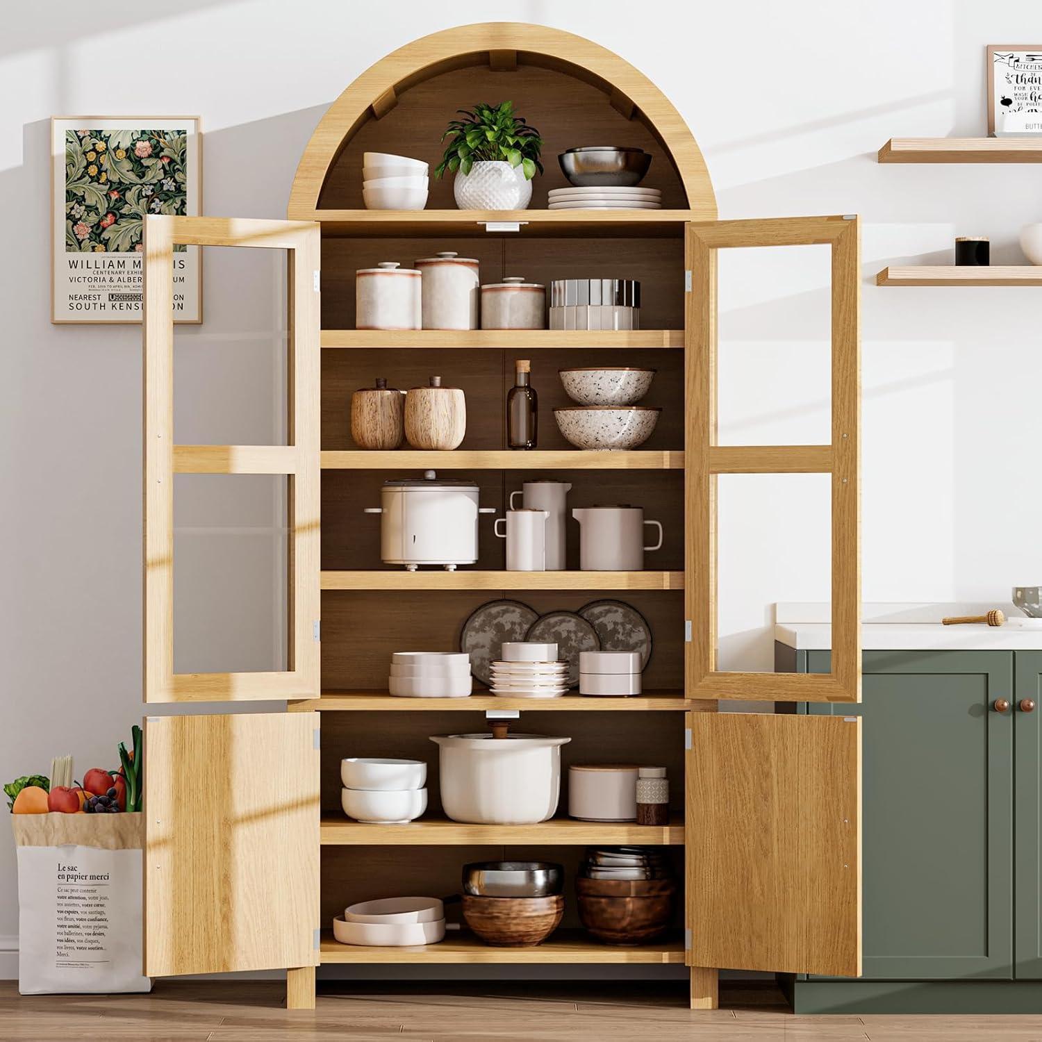 71" Tall Arched Kitchen Pantry Cabinet, Modern Farmhouse Wood Kitchens Storage Cabinets, Cupboard for Dining Room, Kitchen, Bathroom, Natural