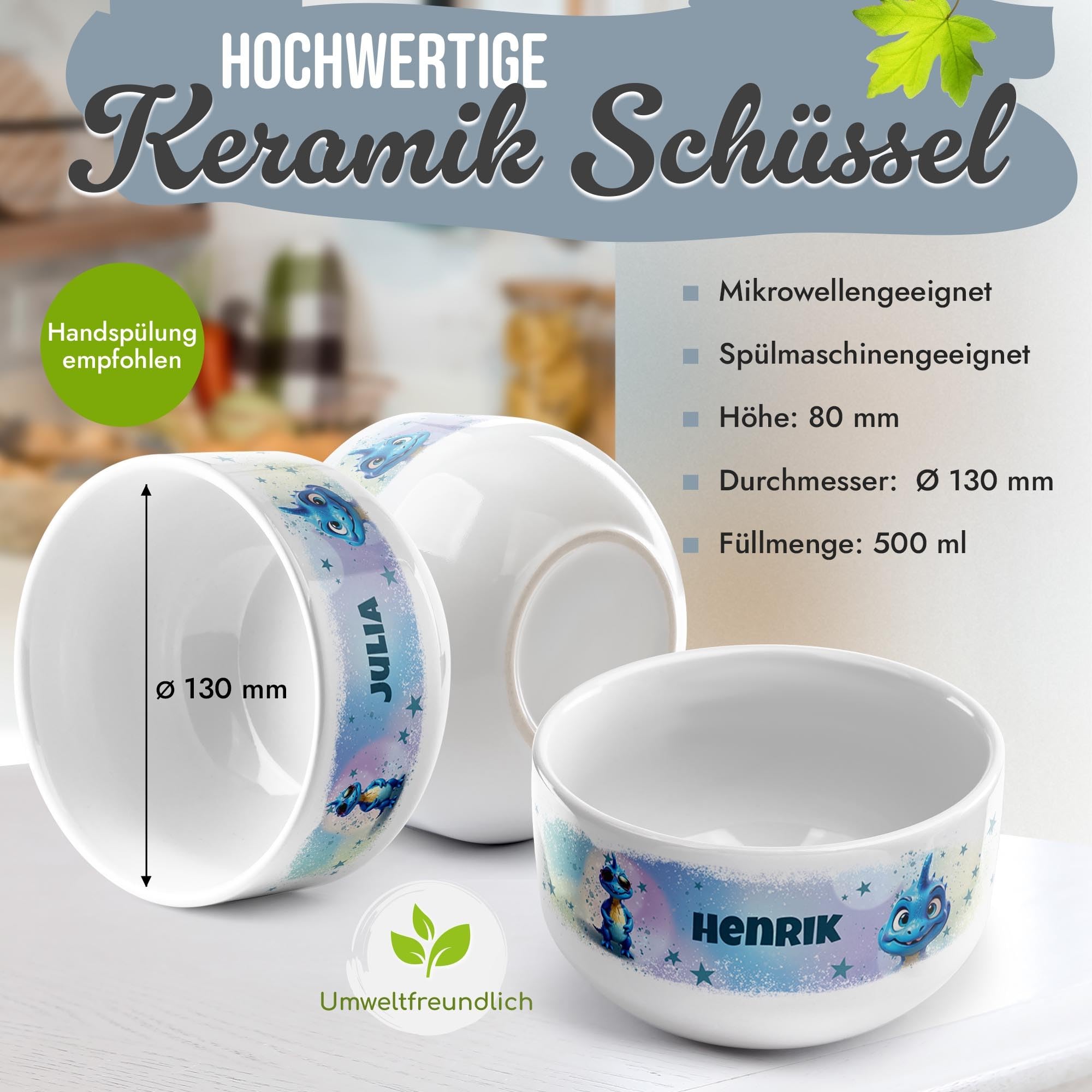 Print Royal PR Kinder-Müslischale mit Name personalisiert - Blauer Dino - Geschenk für Mädchen und Jungen, Kindertag, Weihnachten, Geburtstag | Keramik Schüssel selbst gestalten, 500 ml