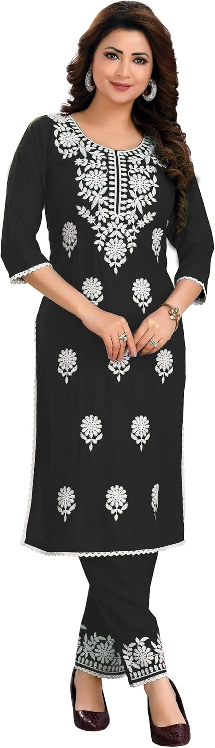 ladyline Rayon Plain Lucknowi Embroidered Kurta with Pants Set for Women Indian Dress