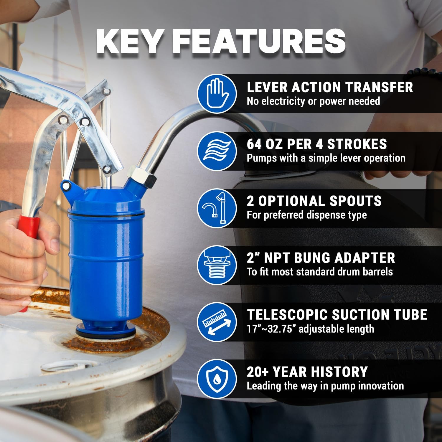 TERA PUMP Lever-Action Drum Pump – Manual High-Efficiency Fluid Transfer for 15 to 55 Gal Barrels, 16oz per Stroke, Versatile for Thick Liquids, with Adjustable Suction & Non-Drip Spouts