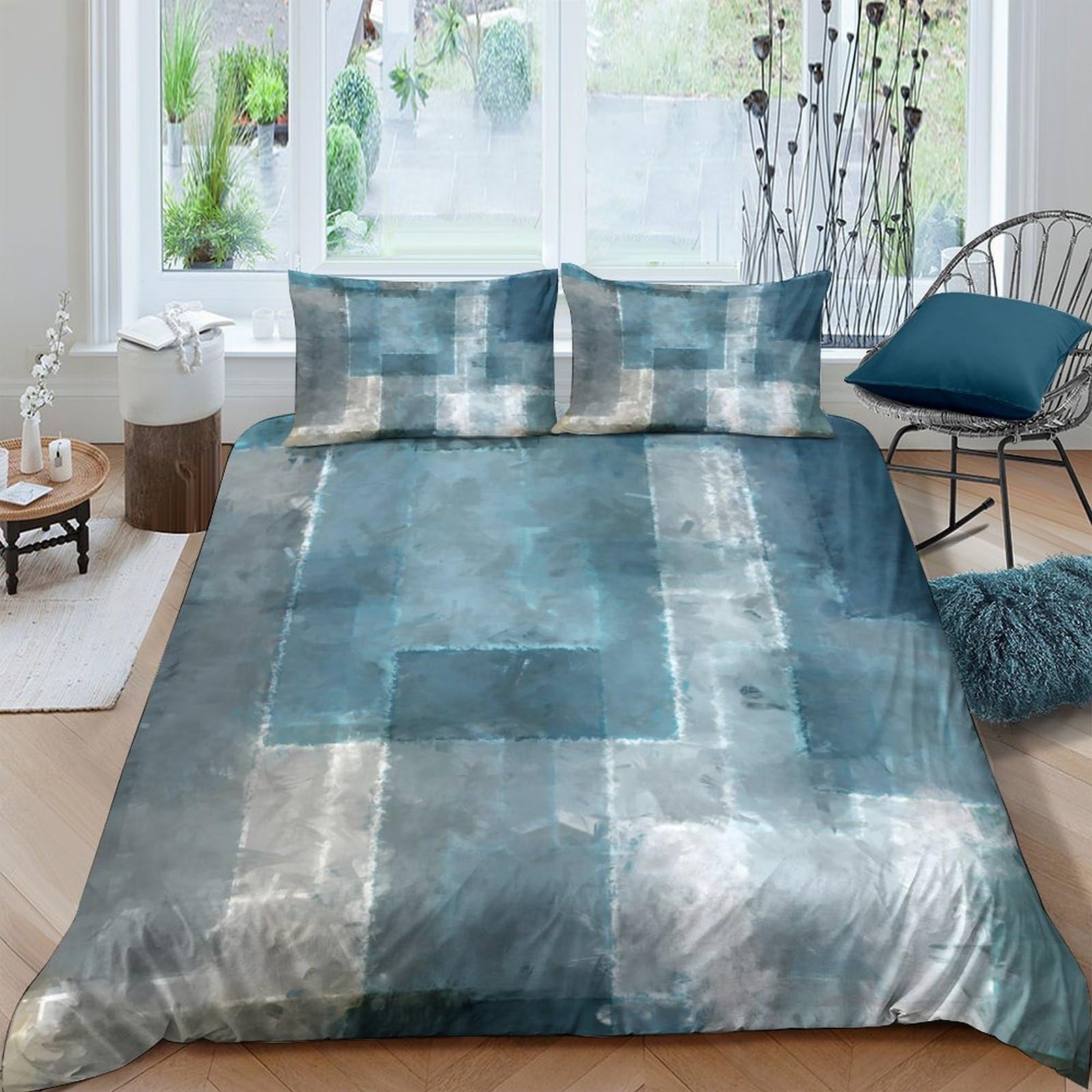 XFKLYNVCJ 3D Printed Abstract blue squares Duvet Cover Polyester Modern minimalist Bedding Cover Wrinkle Resistant Fade Resistant for Anniversary New Home Gift Family Bedding Use Single（140x200cm）
