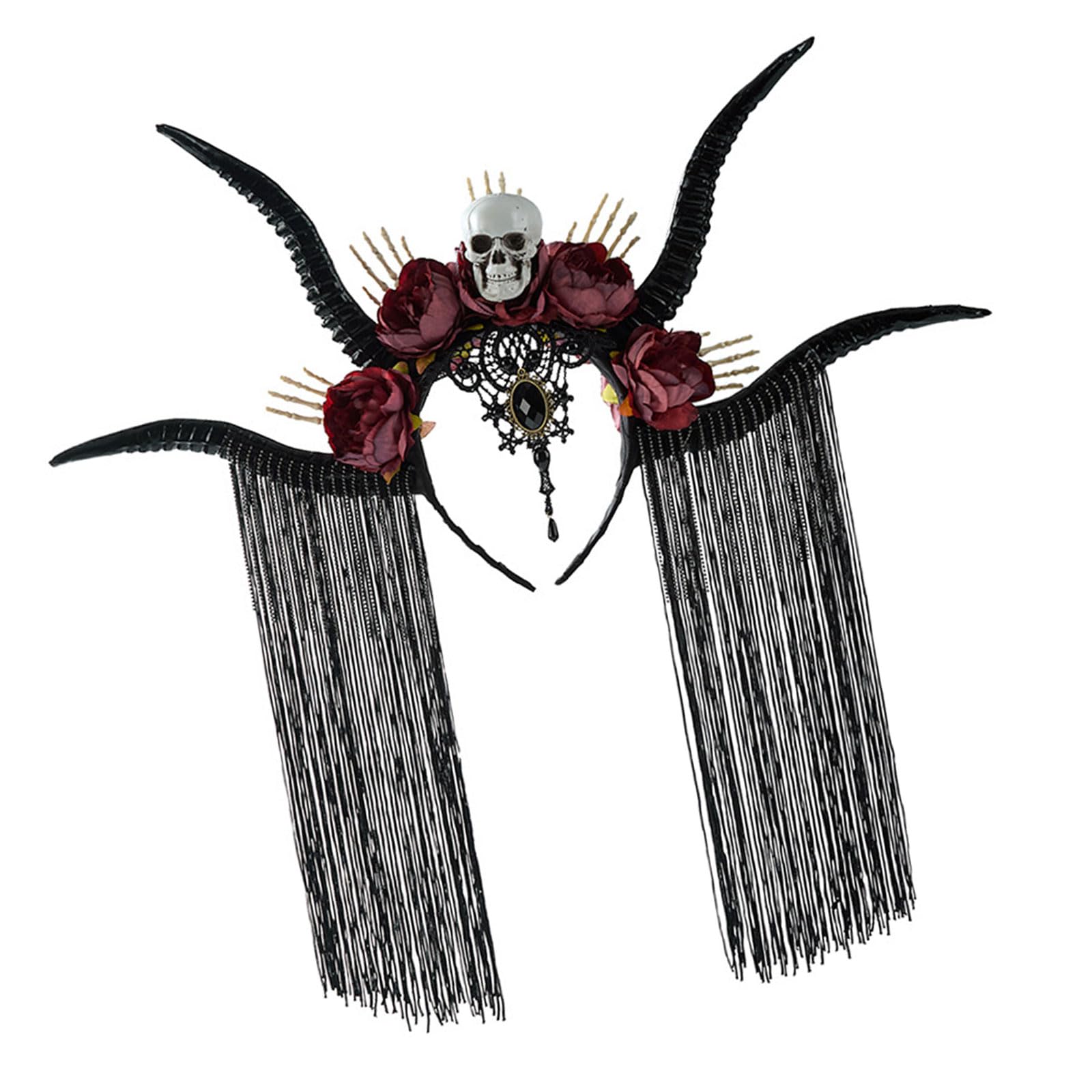 Serre-tête tête de mort Halloween cornes d'antilope et fleurs noires coiffe adulte - 7