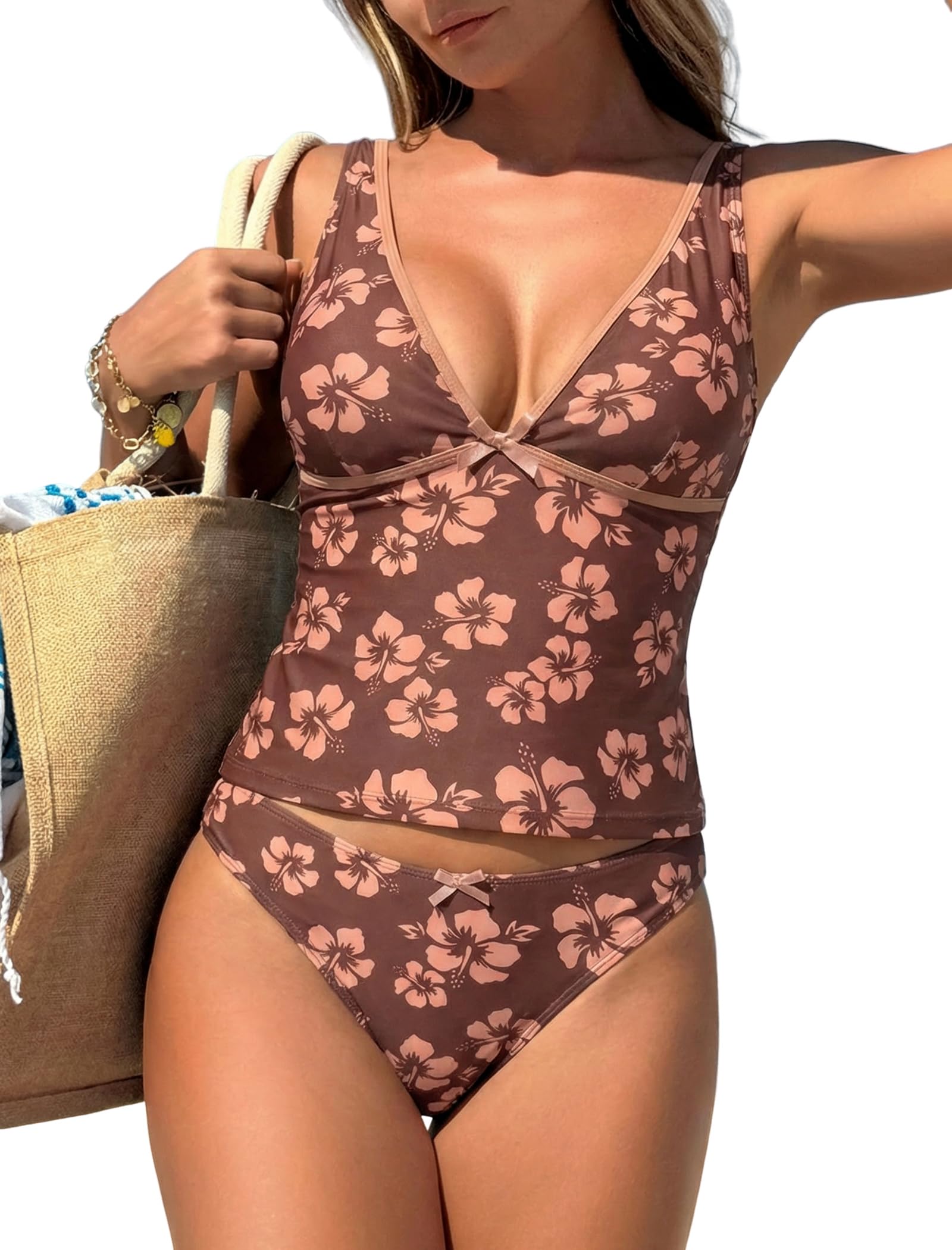 Photo 1 of ZAFUL Women's Tankini Swimsuits V Neck Tummy Control Bow Color Block Two Piece Swimsuits Bathing Suit (3-Z-Brown Flowers, S)