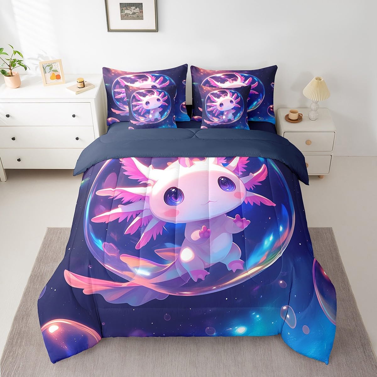 Erosebridal Axolotl Queen Comforter Set,Cute Axolotl 7-Piece Bedding Set for Kids Girls Women,Dreamy Starry Sky Cartoon Salamander Bed in A Bag Kawaii Animal Sheet Set with Comforter