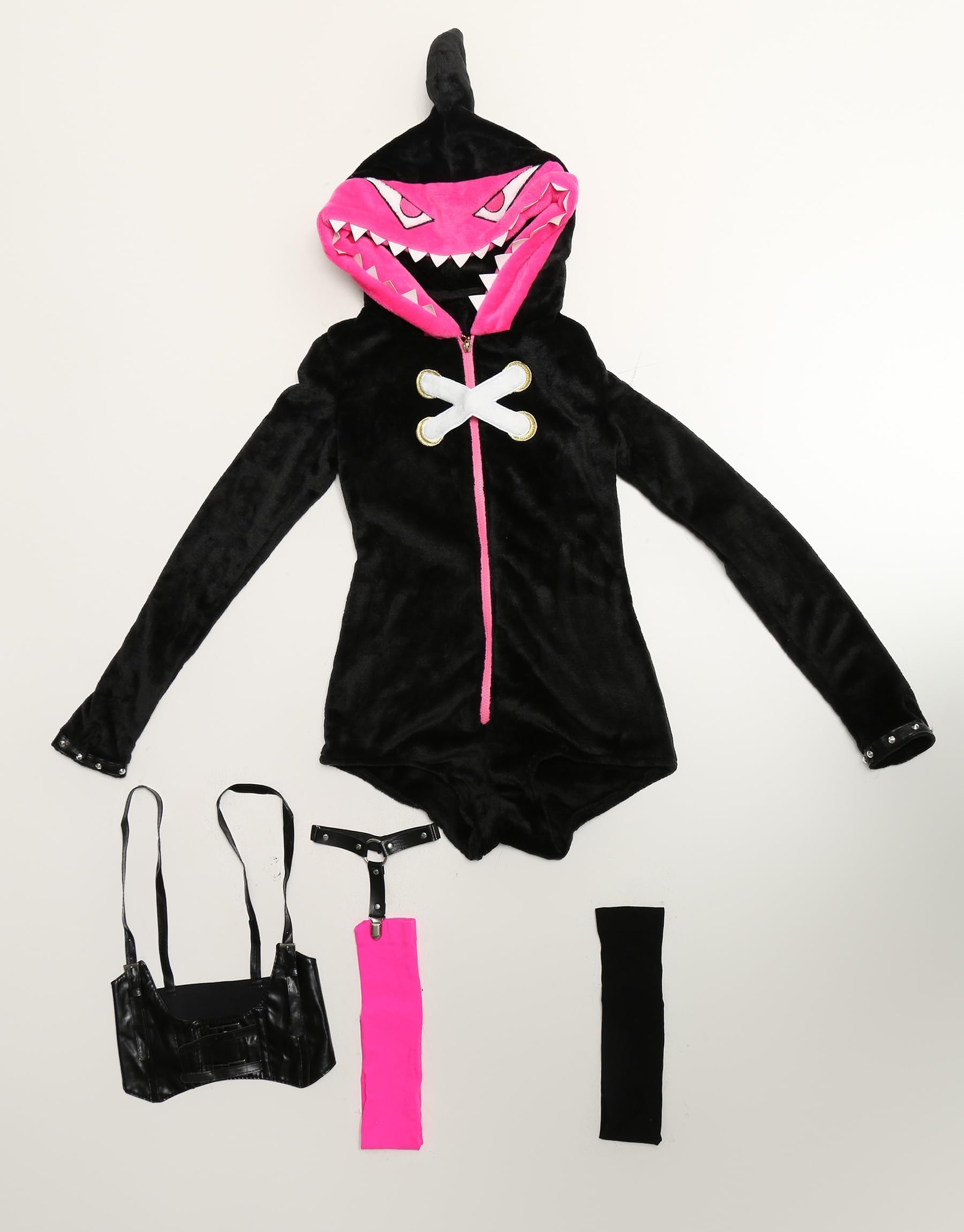 miccostumes Women's Costume Plush Hooded Bodysuit Lingerie Set Thigh Socks with Choker: X-Large Black