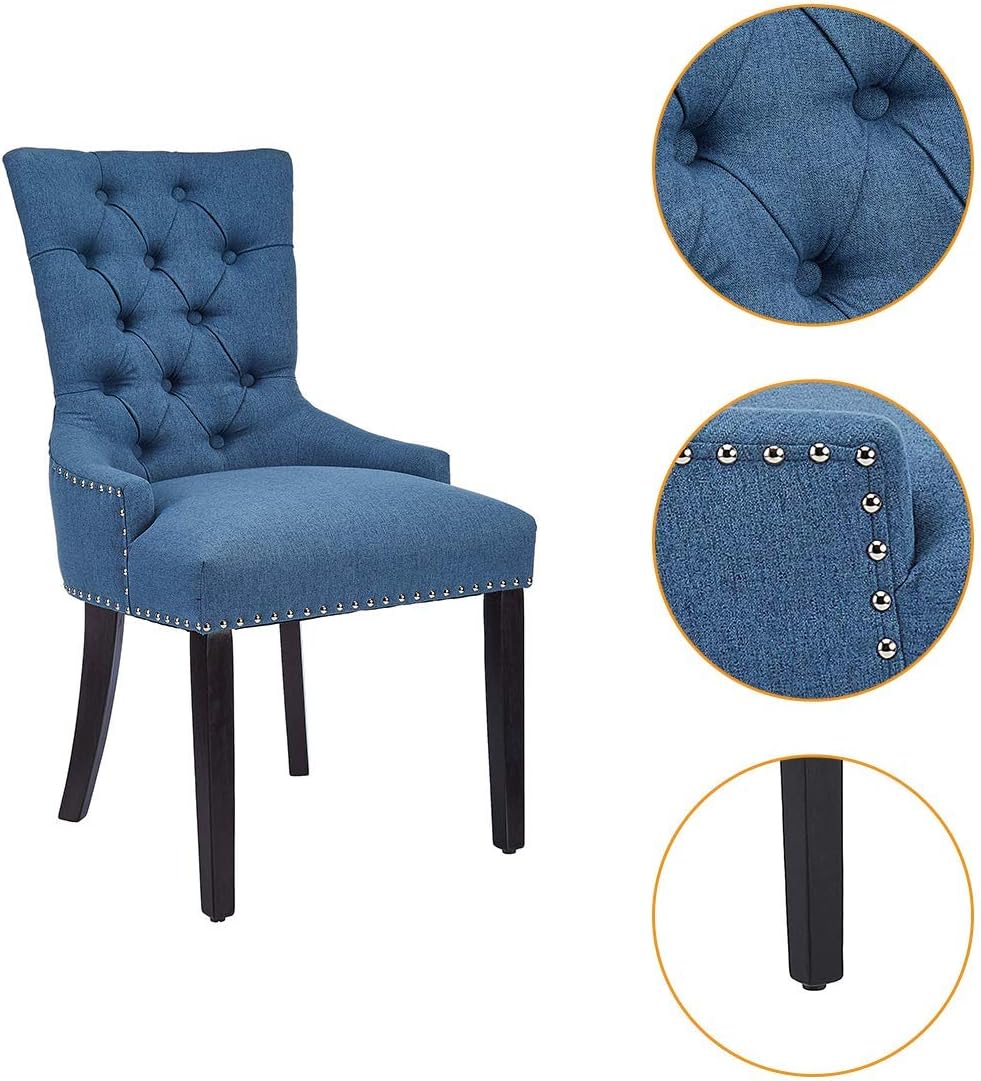CangLong Modern Elegant Button-Tufted Upholstered Fabric With Nailhead Trim Dining Side Chair for Dining Room Accent Chair for Bedroom, Blue : Everything Else