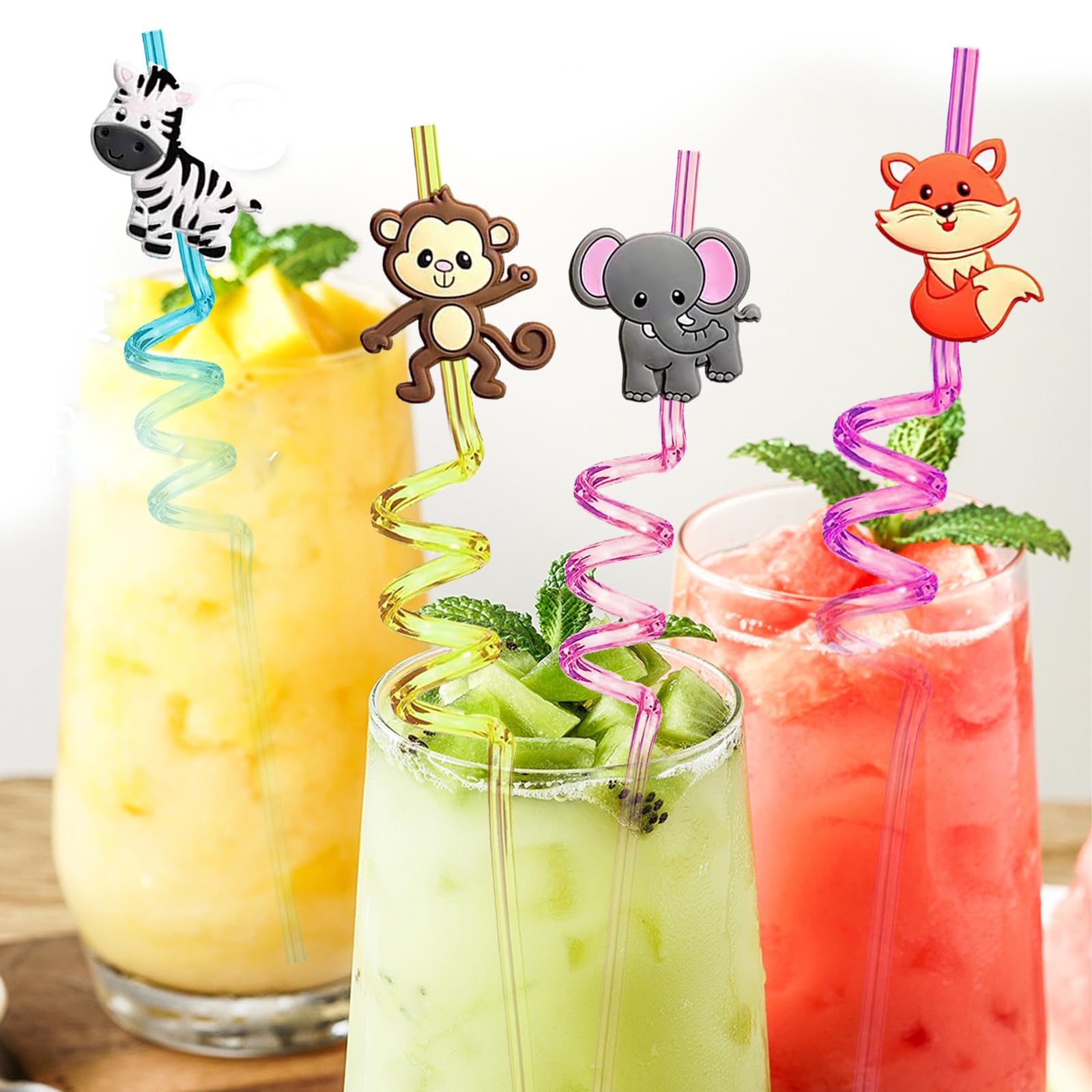 YOUYIKE Pajitas Reutilizables Niños, 8 Piezas Animales, Pajitas Fiesta En Espiral, Plástico Reutilizable, Reutilizable, 25.5-27cm x 0.5cm, 8 Count
