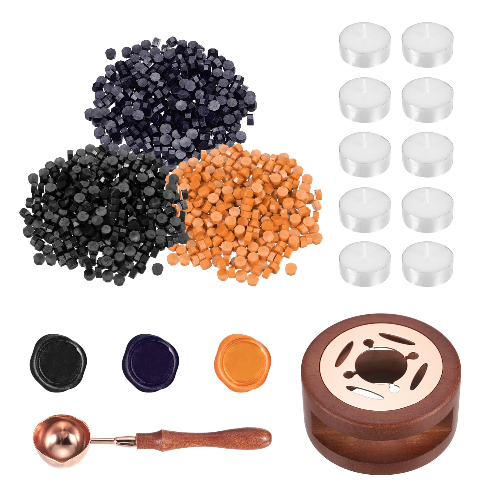 PATIKIL Wax Seal Kit, 300 Pcs Wax Sealing Beads, Wooden Warmer, Melted Spoon, 10 Pcs Tealight Candles for Envelope Letter Mailing Crafts DIY, Black/Dark Purple/Fresh Orange
