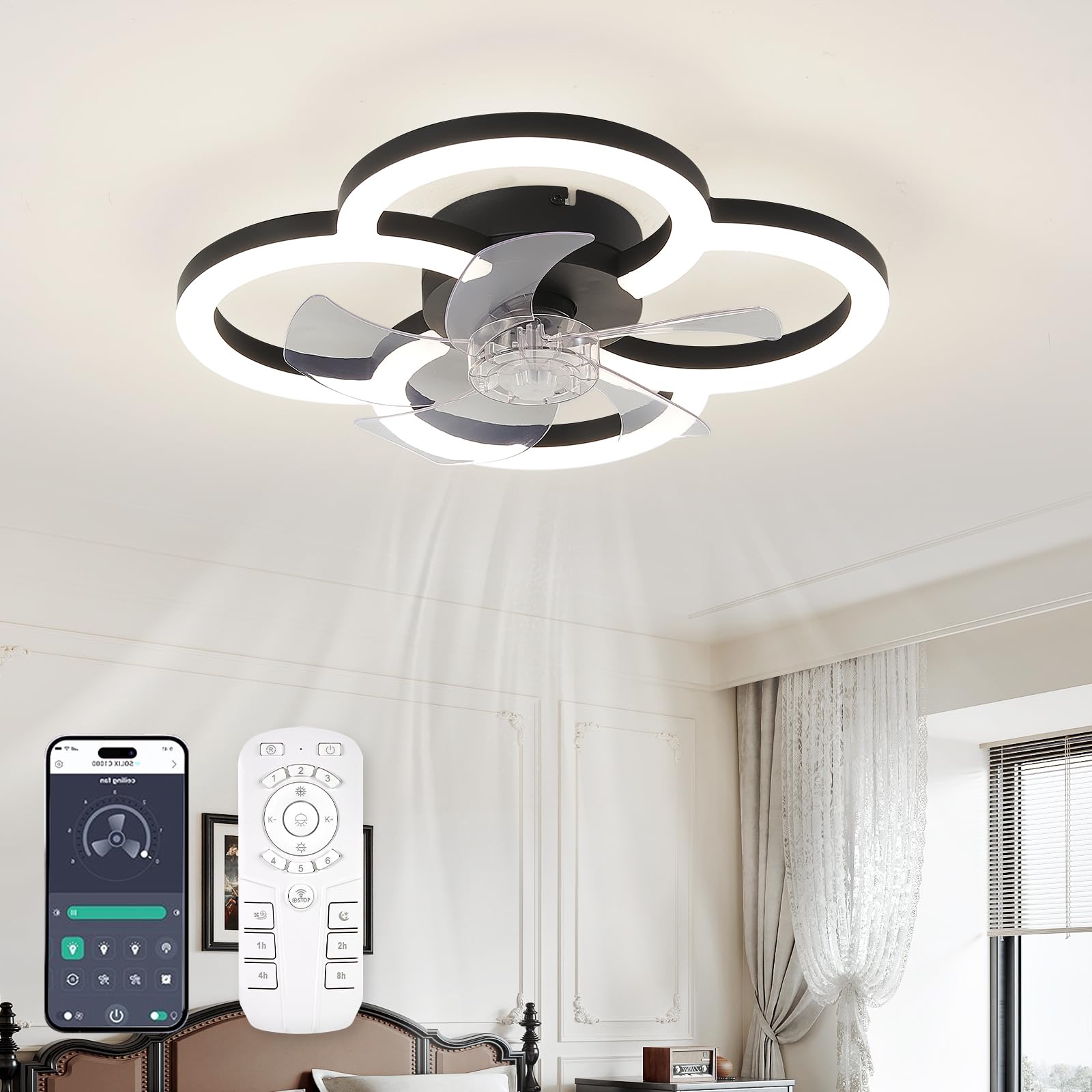 Ceiling Fans with Lights and Remote, Flush Mount Ceiling Fan with Light, 3000-6500K Dimmable Modern LED Ceiling Fans, 6 Wind Speeds, Low Profile Small Ceiling Fan for Bedroom, Kitchen, Office