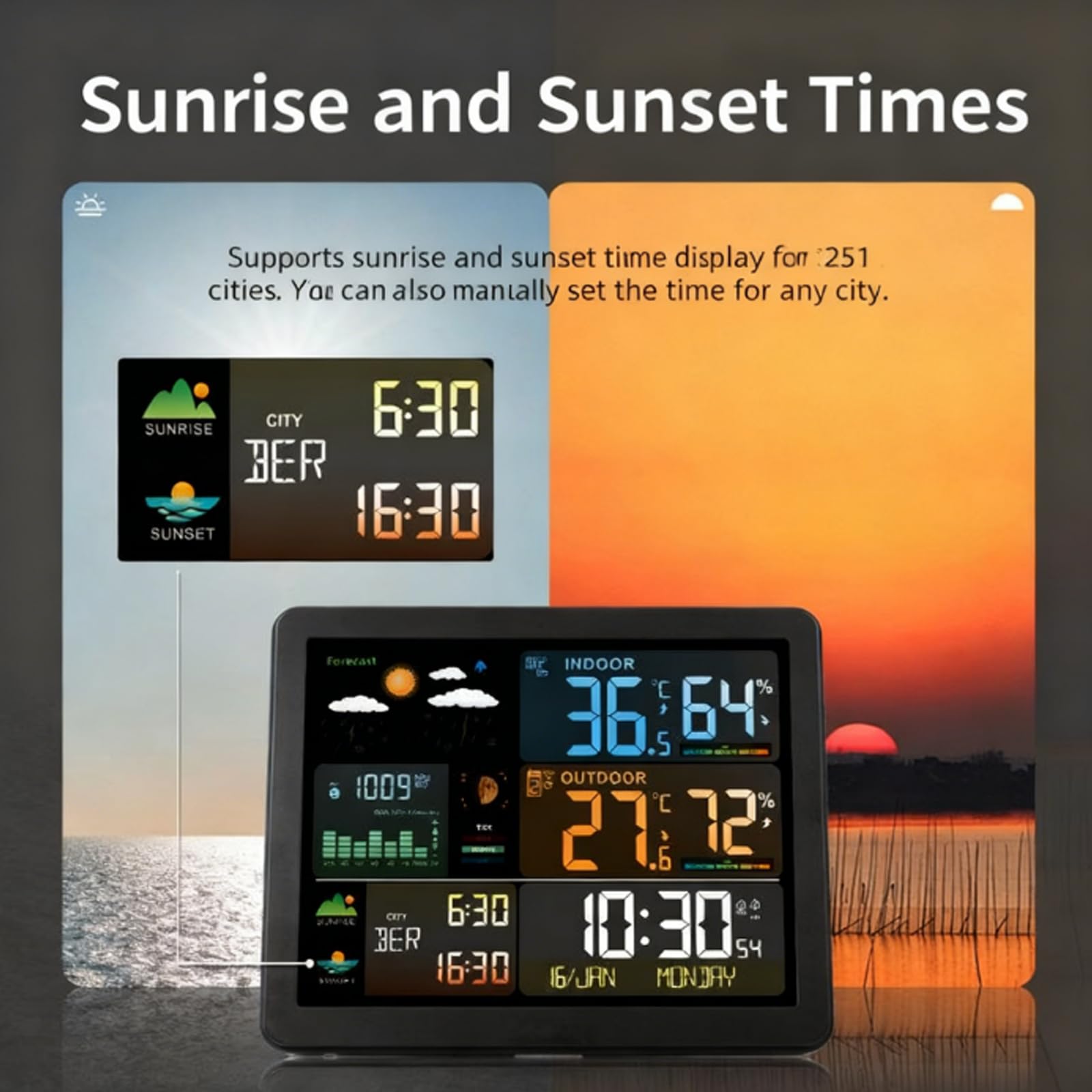 Stazione Meteo con Sensore Esterno - Display a Colori con Previsioni del Tempo, Monitor Temperatura e Umidità e Sveglia per Casa, Ufficio e Giardino