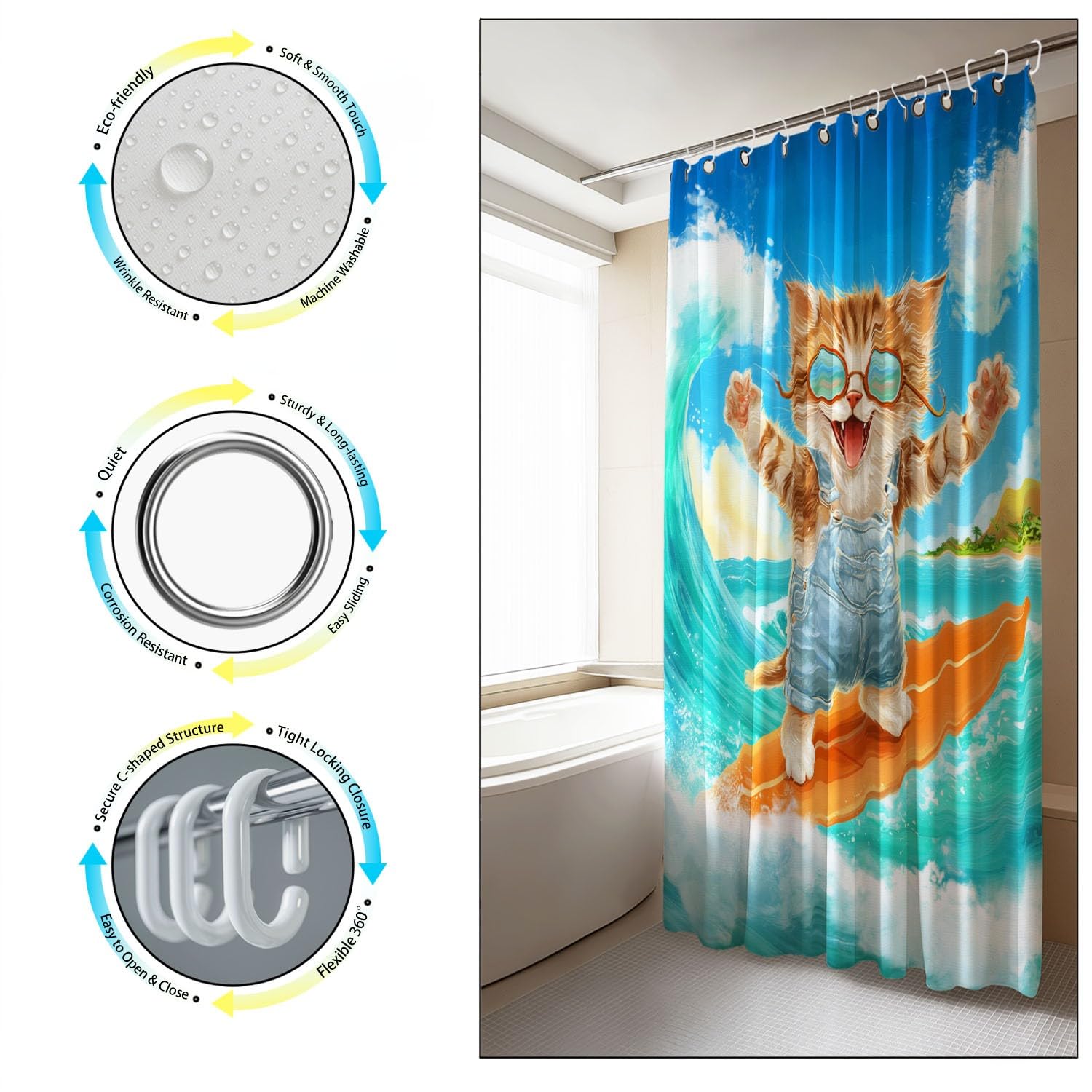 Cortina de ducha de dibujos animados para animales, cortina de ducha, 180 x 200 cm, antimoho, tela lavable divertida, borde de mar, surf, gato, tigre, cortinas, baño con ganchos, azul