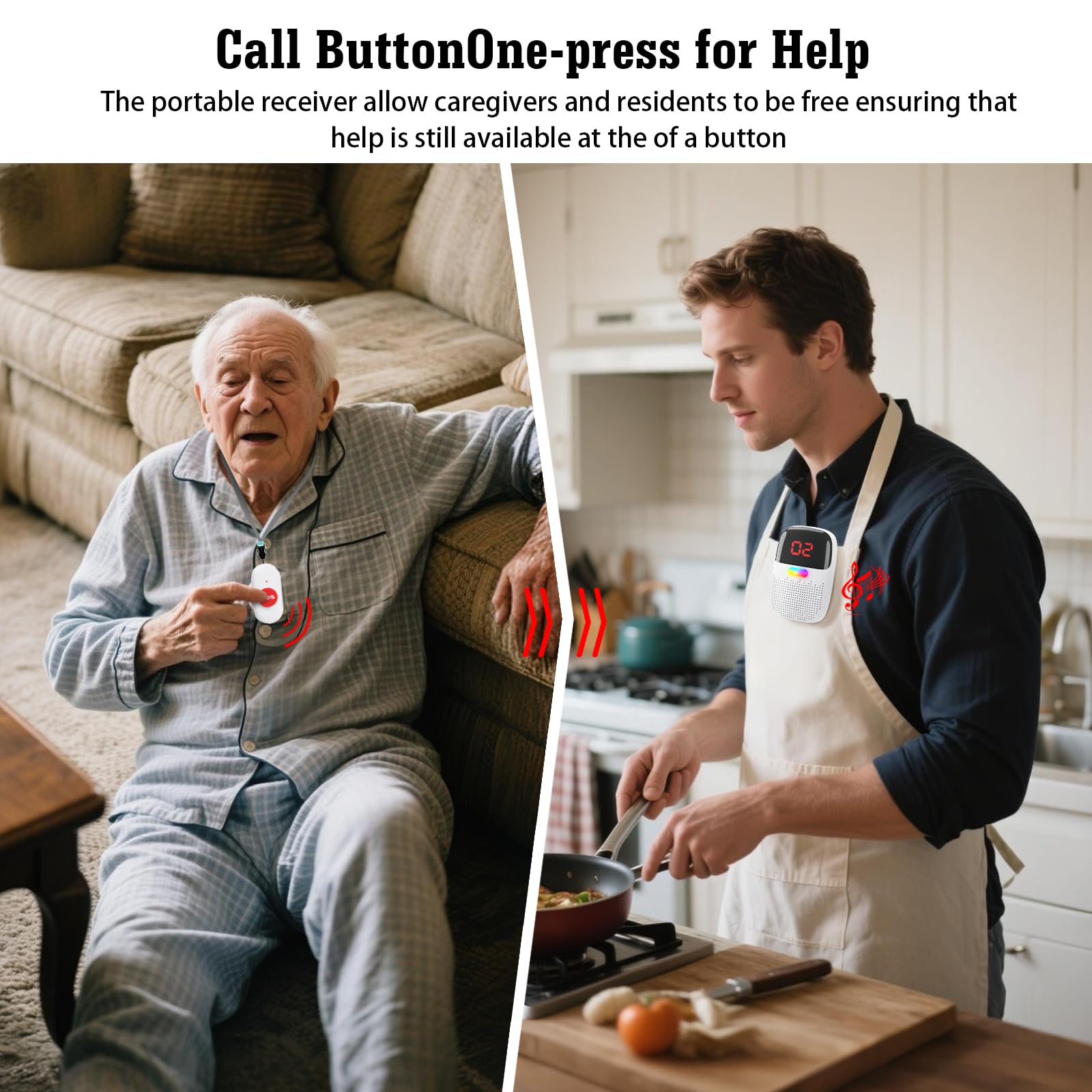Caregiver Pager System with Digital Display for Elderly Assistance, Fall Prevention, and Nurse Calling?Wearable Wireless Pager for Patient Help at Home (2 Call Buttons + 2 Receivers)
