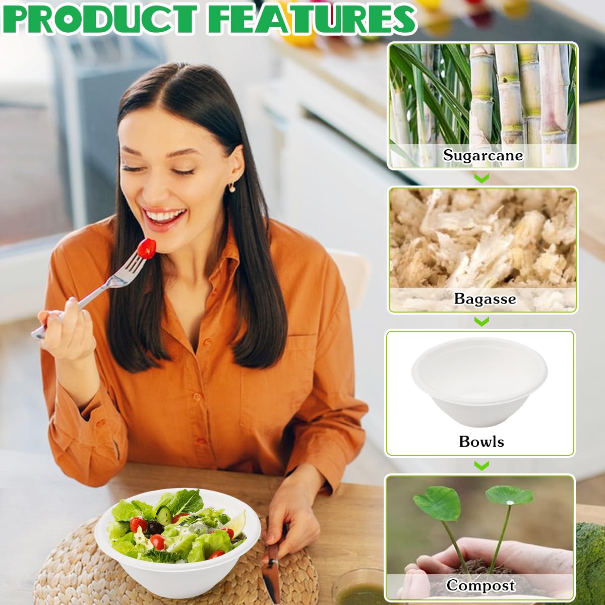Kleemeiero 100 Pezzi Ciotole di Carta Bagasse di Canna da Zucchero 260ML Ciotola per Zuppa Biologica Rotonda Bianca Biodegradabili e Compostabili Piatti Carta per Picnic Barbecue Feste