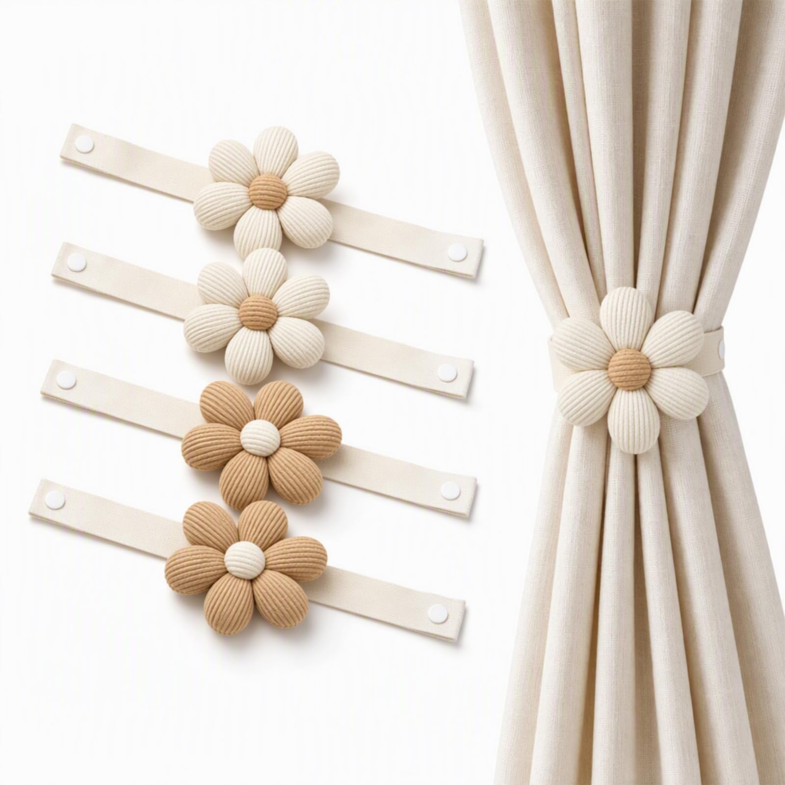 4 Pcs Flower Curtain Tie Backs,Curtain Ties,Beige 2 + Khaki 2