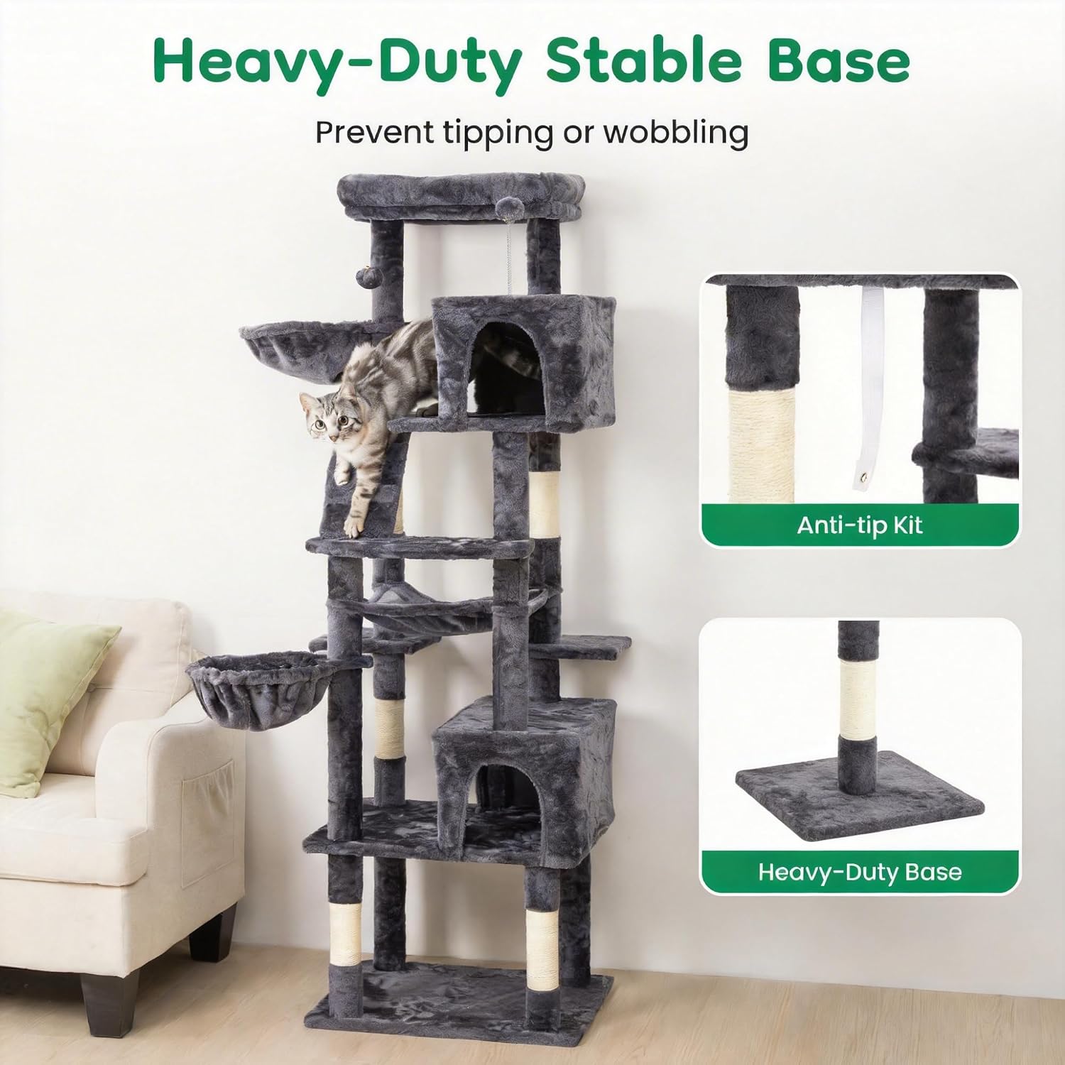 74" Heavy Duty Cat Tree for Indoor Cats, Sturdy Cat Tower for Large Cats Adult, Big Cat Tree with 6 Sisal Scratching Posts, 2 Big Condos, 2 Dual-Ear Hanging Baskets, Enlarged Top Perch, Dark Grey