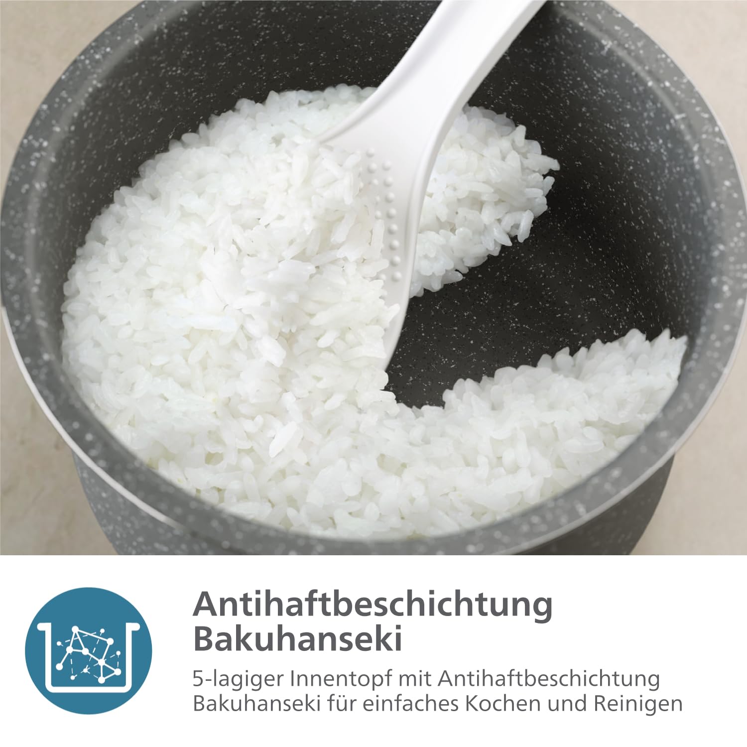 Philips Mini-Reiskocher 3000-Serie – 0,54 l, 5-lagige Bakuhanseki-Beschichtung, 30-Min.-Schnellkochmodus, 5 Kochfunktionen, Schwarz (HD3080/80)