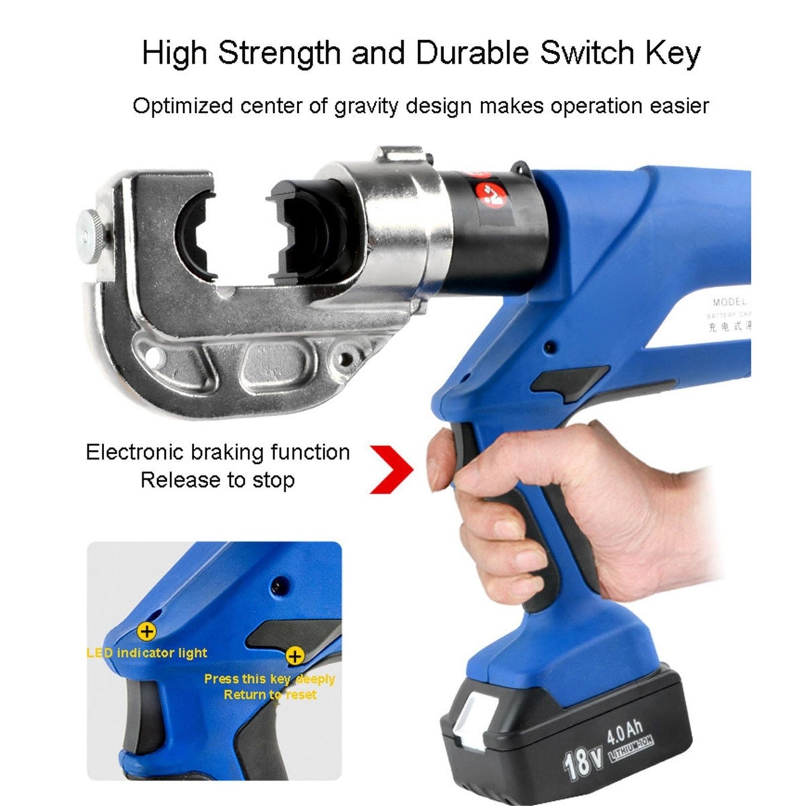 Herramienta de Crimpado Hidraulica Electrica 18V - 16-400mm² con 2 Baterias para Terminales Cobre Aluminio - Pantalla Digital - Rotacion 360 - LED - Prensado Rapido 6-18s