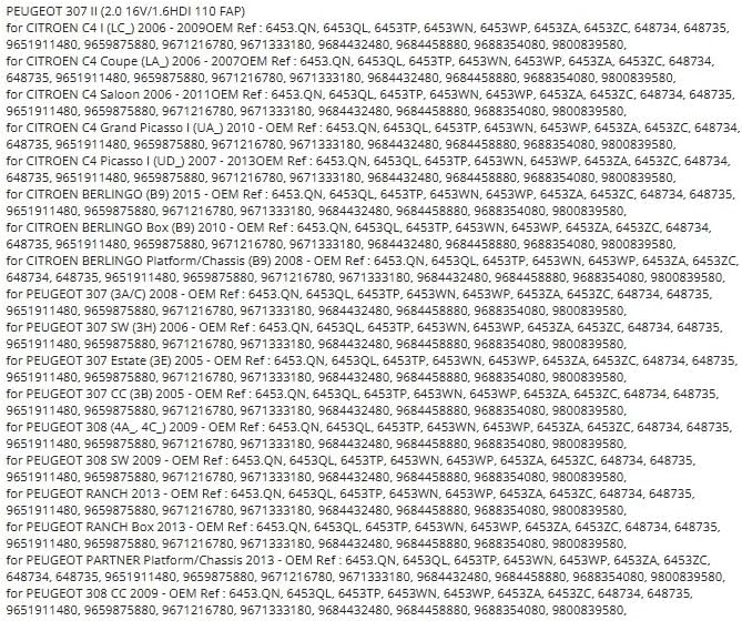 AC Compressor Part Number List