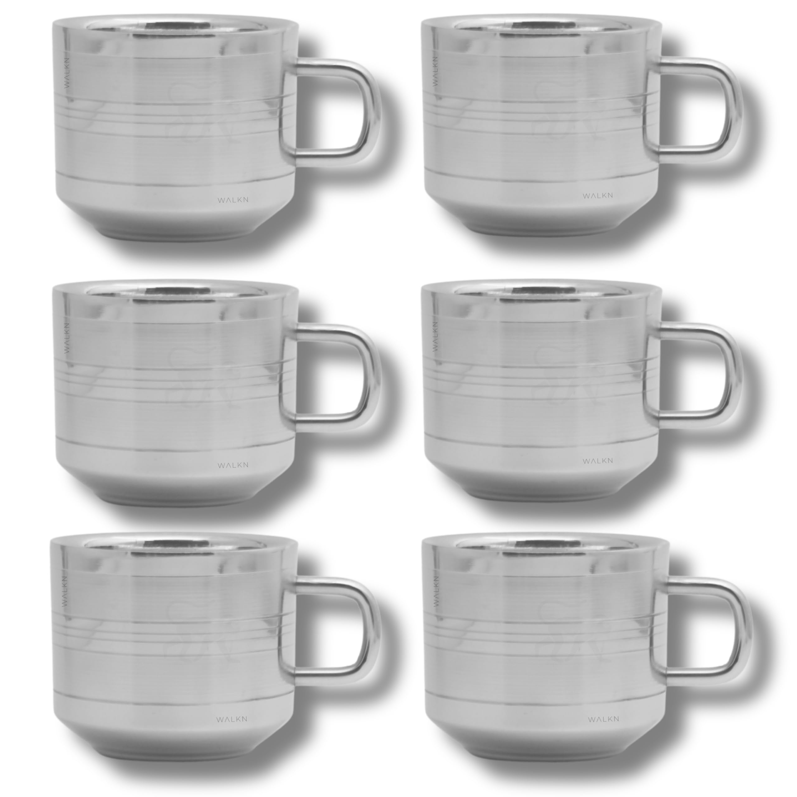 WALKN Stainless Steel Double Wall Fancy Tea Cups/Coffee Mugs for Home, Office | Set of 6, 80ml Capacity | Lightweight, Portable, Reusable, Easy to Clean | Hot & Cold Beverage | Silver (Deepline)