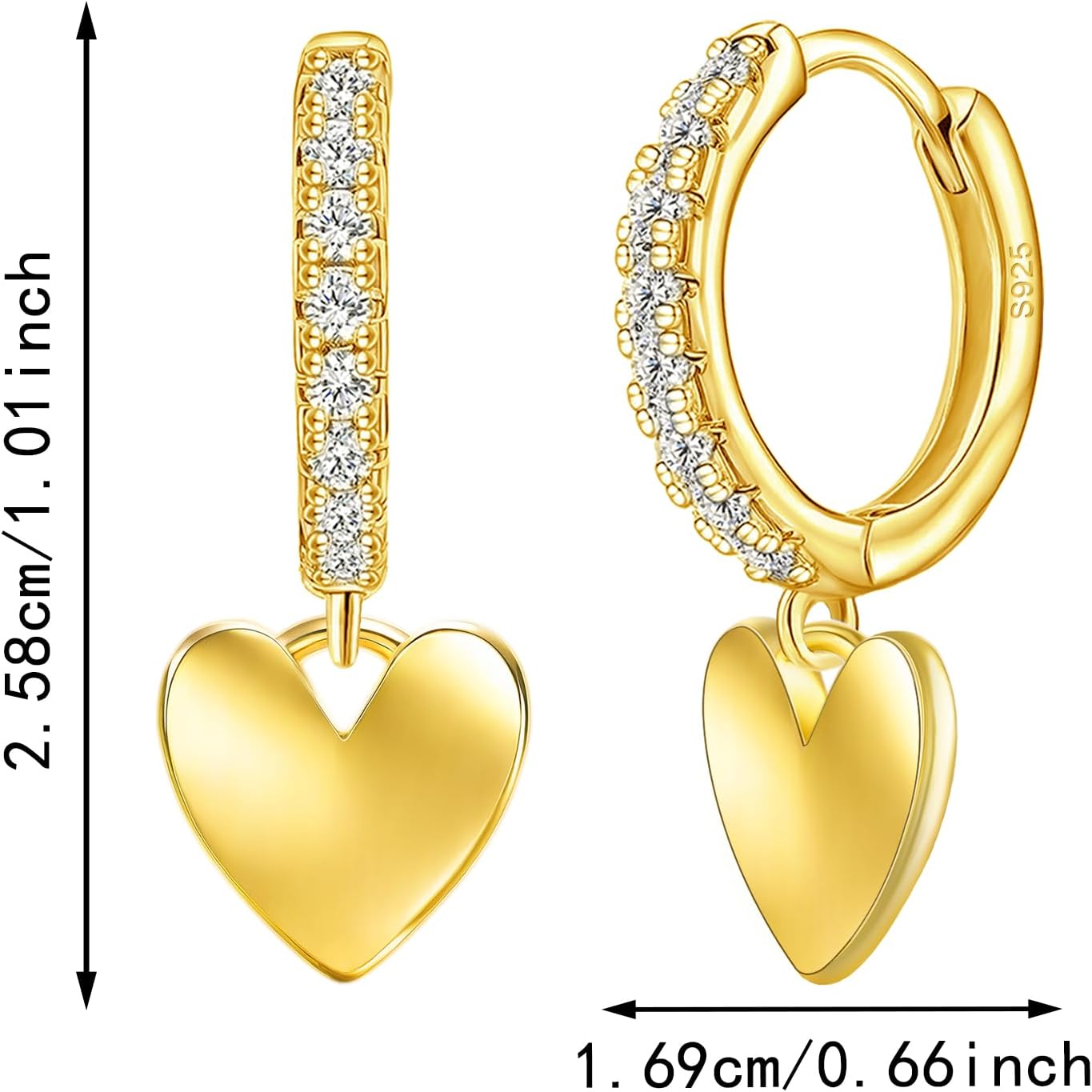 Heart Hoop Earrings for Women 14K Gold Plated Sterling Silver CZ Heart Dangle Hoop Earrings Small Love Huggie Earrings Highly Polished Dainty Minimalist Lightweight Jewelry Gifts for Wife Mom Birthday - Image 6