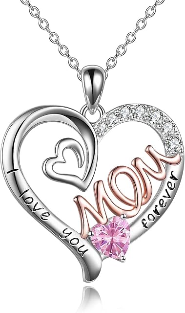 WINNICACA Gifts for Mom Necklace S925 Sterling Silver Heart CZ Stone Love Mum Pendant Birthstone Jewellery for Women Mother Gifts