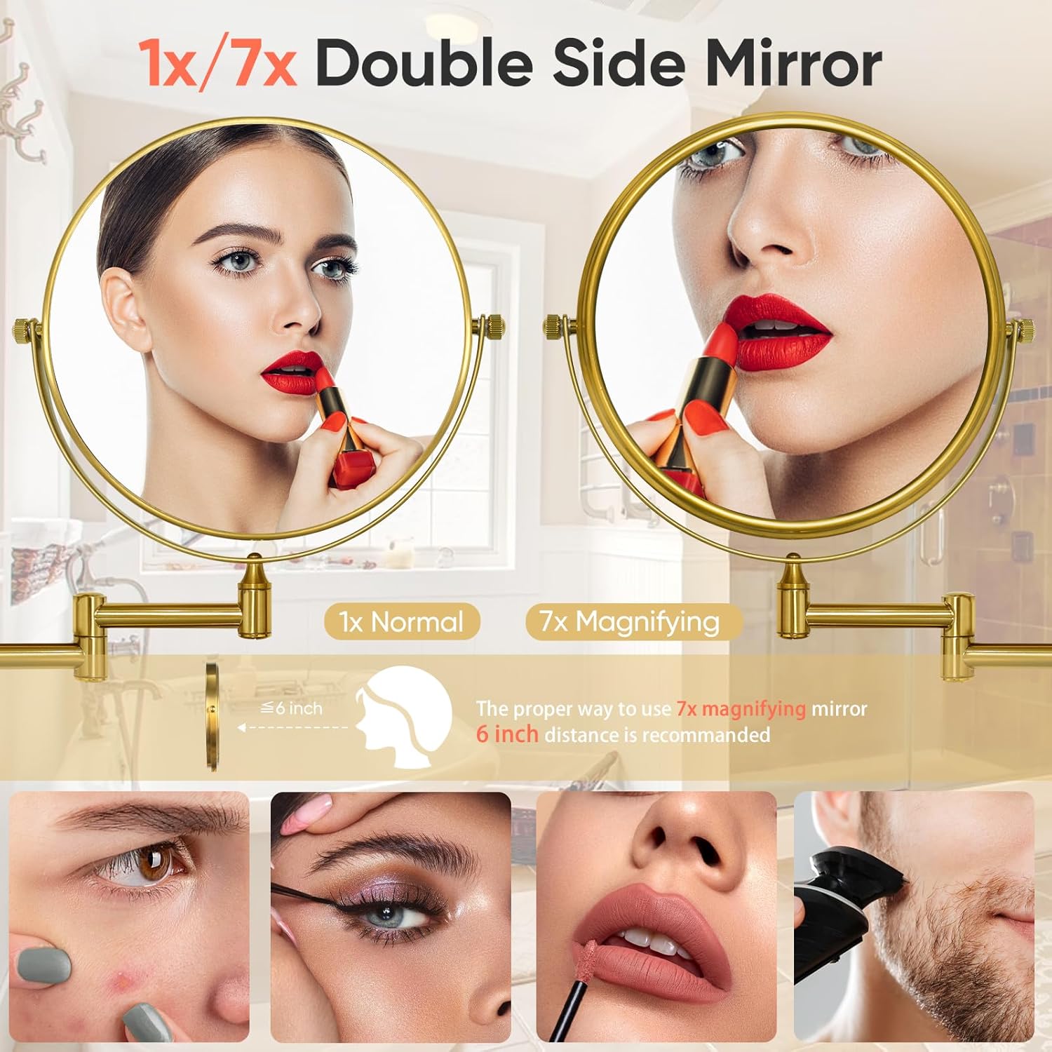 GURUN 8" Wall Mounted Makeup Mirror with 7X Magnification,Two-Sided Swivel Bathroom Mirror,Brushed Gold Finish M1406GJ(8",7X) Mothers Day Mirro Gifts for Women Mom