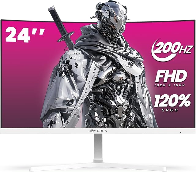 CRUA 24" Moniteur de jeu Courbé, 165Hz/200Hz Moniteur d'ordinateur FHD 1920 X 1080, 120% SRGB, Amd Freesync, Filtre à lumière bleue, pour les jeux et le bureau, murale - blanc