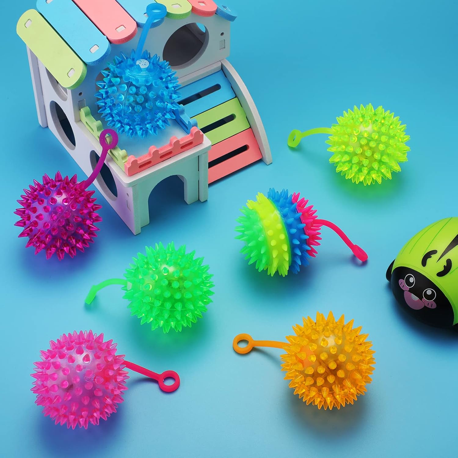 Civaner 24 Pcs Light up Balls LED Flashing Spiky Bouncy Balls 2.56 Inch Sensory Toys Bulk Light up with Rope Flash Squeaky Rubber Fidget Toy Spiky Party Favors for Rewards Gifts, 6 Colors