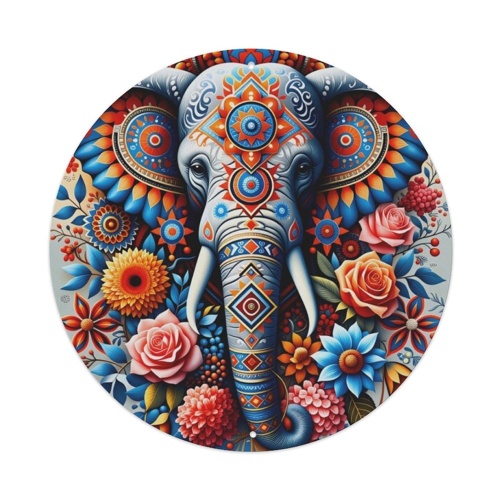 Boho Floral Painted Elephant Round Decor Sign Vintage Aluminium Metal Sign, Retro Wall Decor for Home, Bar, Garage & Farmhouse 20x20cm