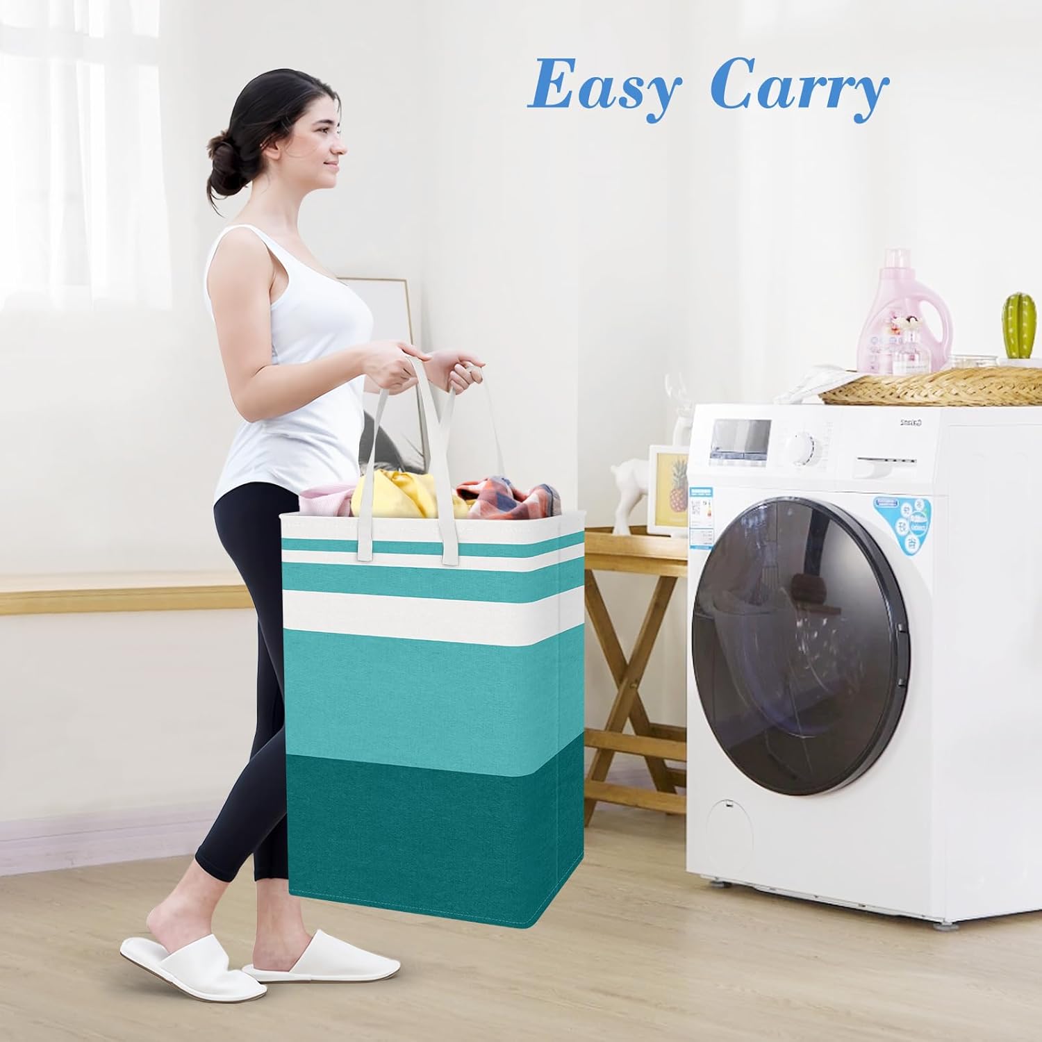 BlissTotes 3-Pack Laundry Basket, Freestanding＆Waterproof Laundry Hamper, Collapsible Tall Clothes Hamper with Easy Carry Handles for Clothes, Towels in the Family and Dorm,Gradient Green,125L