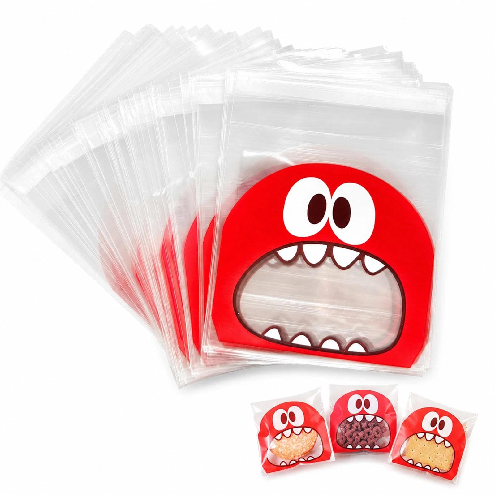 100Pcs Red Monster Design Small Self Seal Sweet Bags, 10x10cm Clear OPP Treat Bags with 3cm Sealing Flap for Parties Snacks Biscuits Candy Gift Packaging