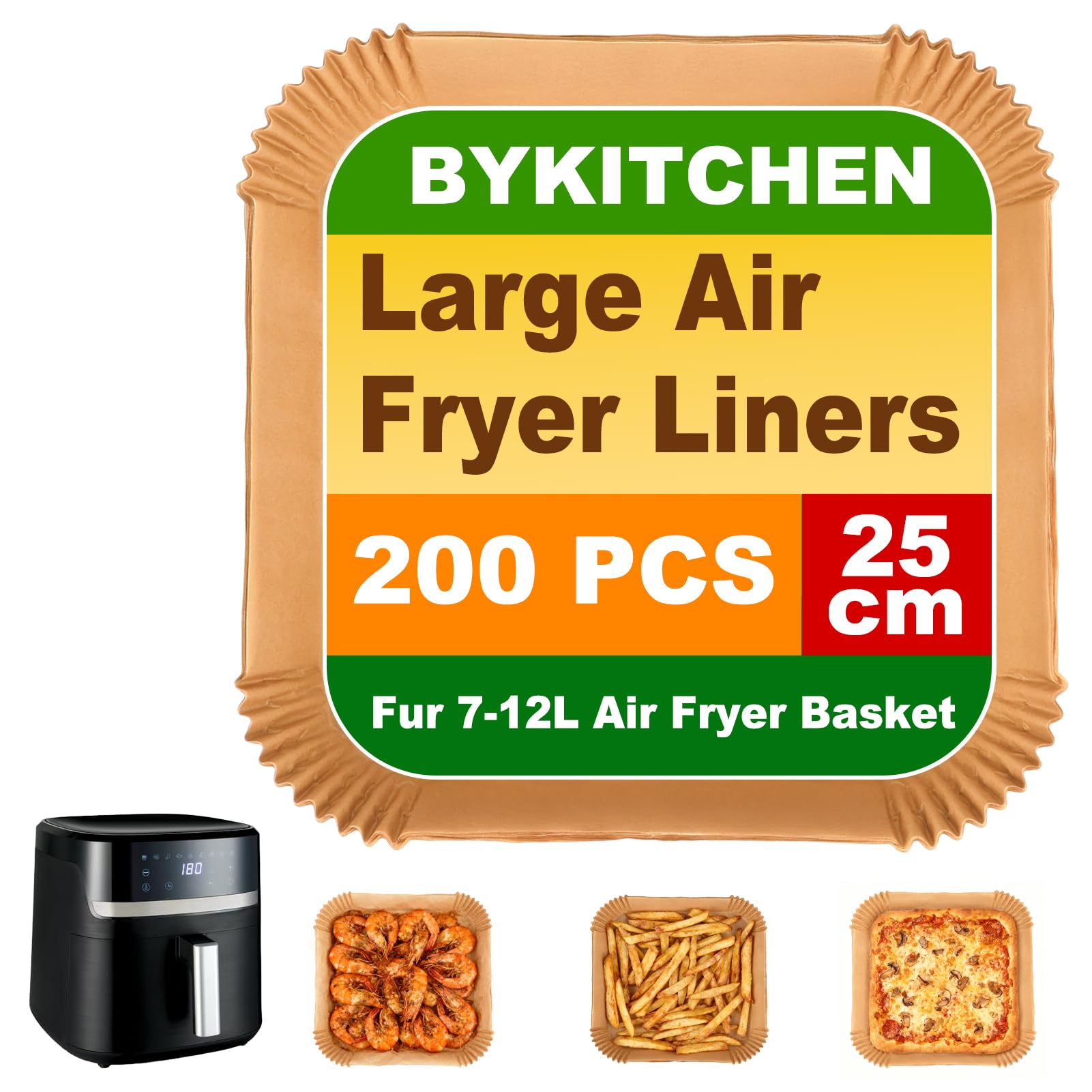 BYKITCHEN Large Air Fryer Liners Disposable, 200PCS 9 Inch Square Parchment Paper Liners for 8L-12L Air Fryer & Oven,Nonstick Food Grade Airfryer Accessories for Russell Hobbs 8.3L — image 1
