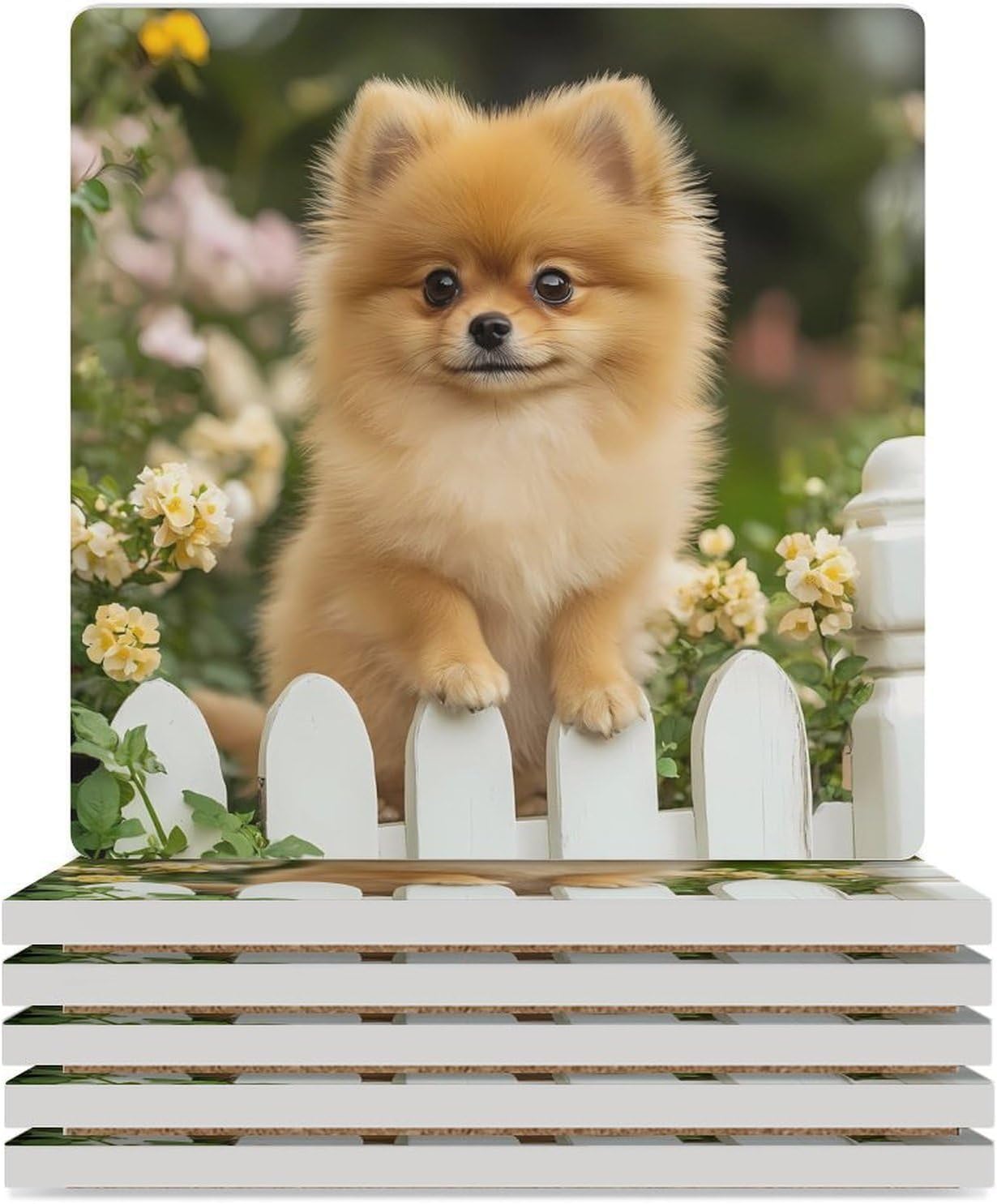 Funny Pomeranian Dog Ceramic Coasters Set Square Drink Coasters Table Coaster for Kitchen Desktop Decor