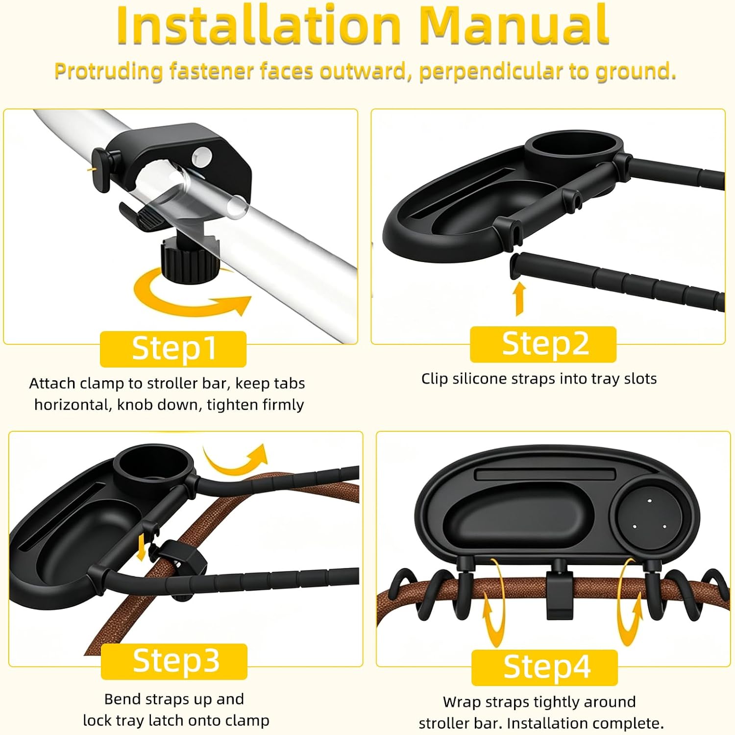 Universal Stroller Snack Tray Compatible with Mockingbird, 3-in-1 Stroller Attachment with Cup & Phone Holder, Dual Clamp & Flexible Wrap Mount, Black
