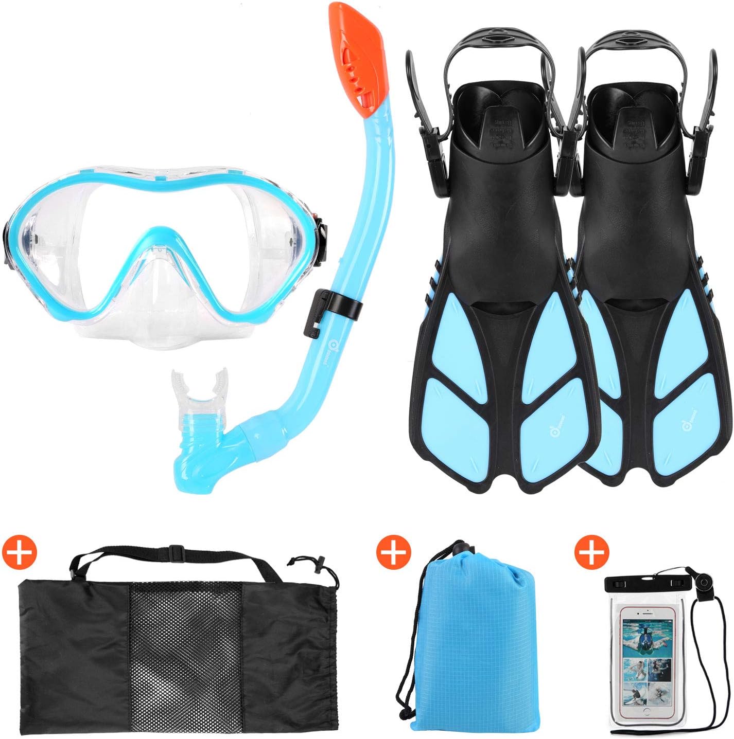 Odoland 6-in-1 Kids Snorkeling Packages Snorkel Set, Anti-Fog and Anti-Leak Full Face Snorkel Mask with Adjustable Swim Fins, Beach Blanket and Waterproof Case for Boys and Girls Age 9-15 Yellow : Sports & Outdoors