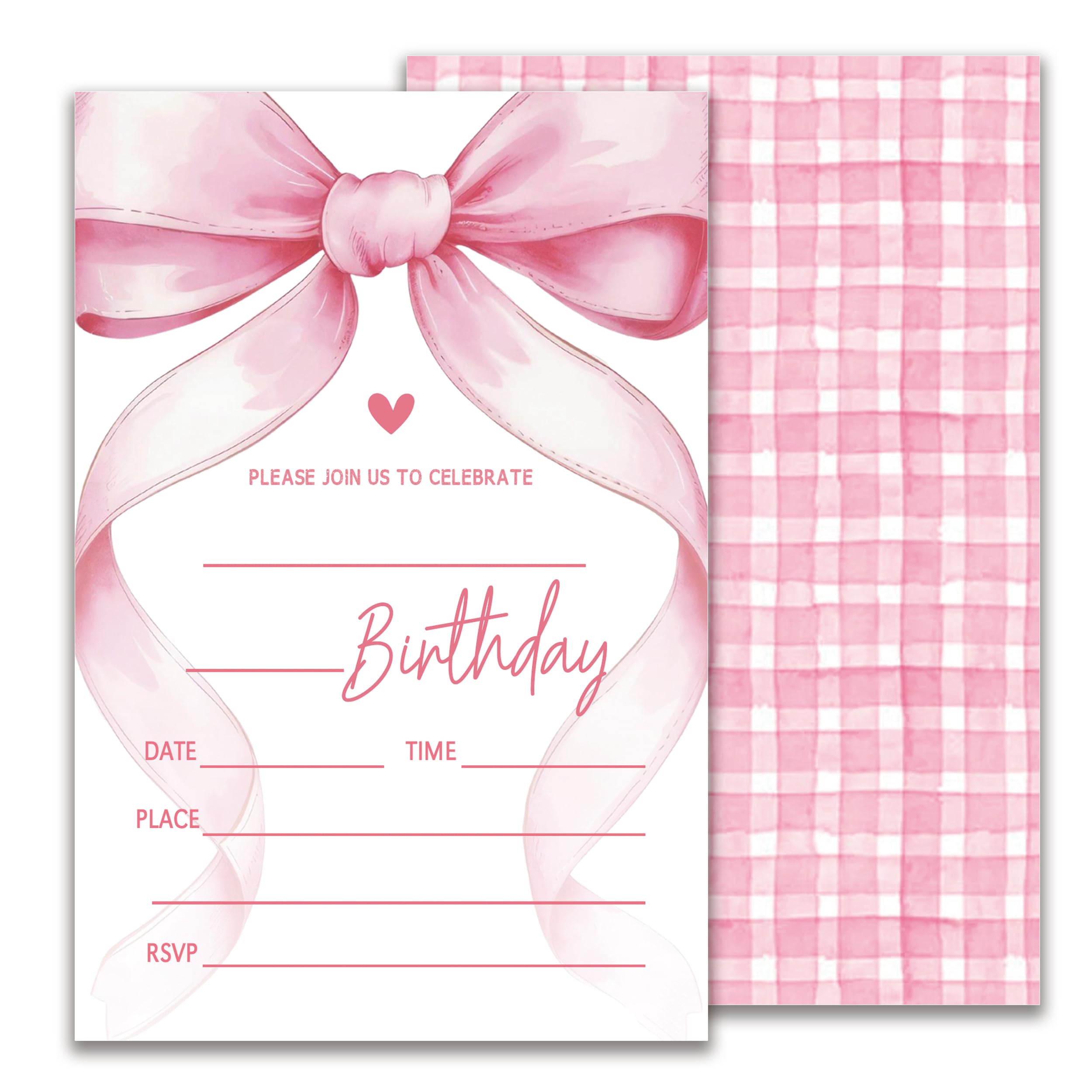 JUPXB Pink Bow Birthday Invitation, Girls Party Invite, Retro Bday Invitation Cards, 20 Pink Double-Sided Fill In Invite Cards with Envelopes,