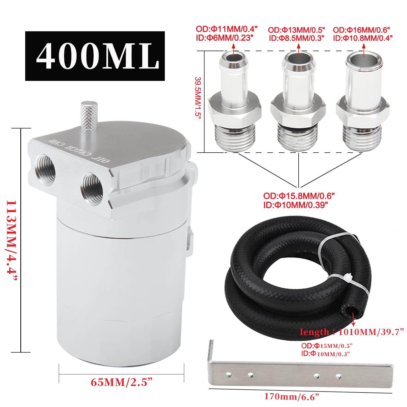 Oil Catch Can Kit Aluminum Reservoir Tank 400ml 3/8" NBR Fuel Line Silver
