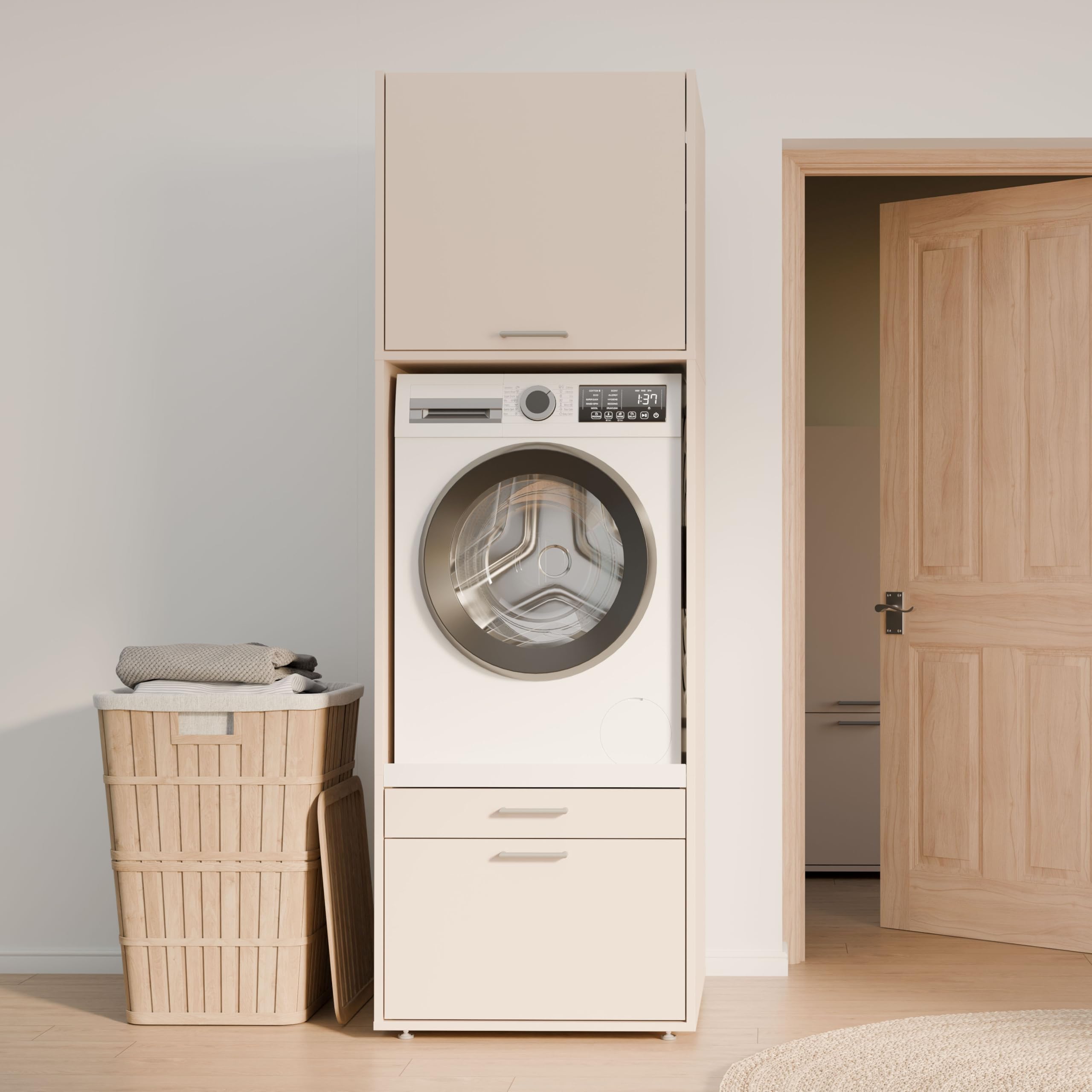Forte WASHCAB 60 70, moderner Aufsatzschrank, 1-türig, Schrank zur Aufbewahrung von Putz- und Waschutensilien, Holzwerkstoff, Kaschmir Beige, 66 cm breit x 58,5 cm hoch x 67,4 cm tief