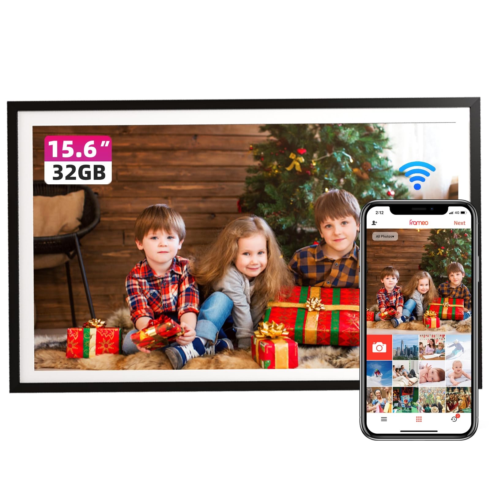 FRAMEO Digitaler Bilderrahmen 15,6 Zoll FHD Touchscreen Elektronischer Bilderrahmen Groß mit 32GB WALN Fernfreigabe von Fotos und Videos mit Kalender Wetter Musik