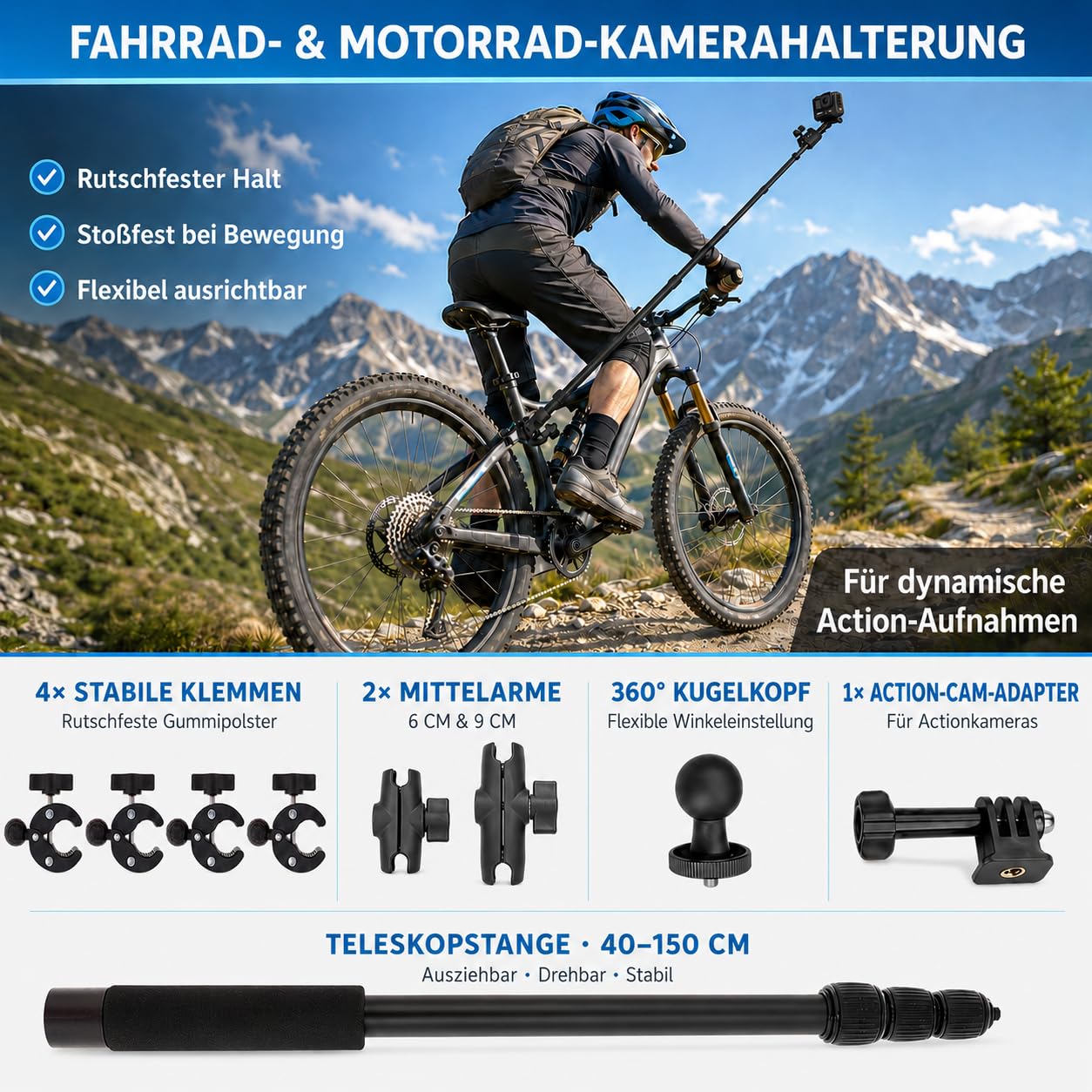 Motorrad-Halterung für Insta360 X5/X4/X3, 150 cm unsichtbarer Selfie-Stick | Doppelstütz-Klemmset mit 4 gepolsterten Rohrklemmen, 2 Verbindungsarmen und 40–150 cm Teleskop-Selfie-Stick.