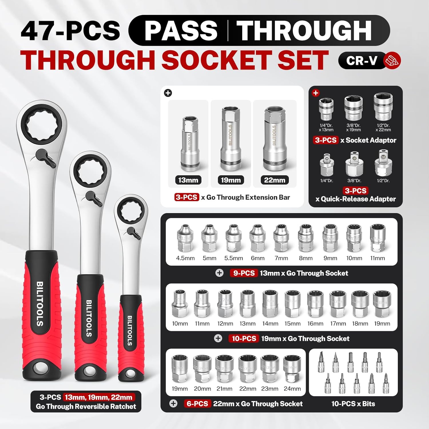 BILITOOLS 47 PCS Pass Through Socket Set with 1/4" & 3/8" & 1/2" Drive, Convertible Ratchet Wrenches (13, 19, 22mm), Spline Sockets and Bits, Pass Thru Go Through Mechanics Tools Set For Tight Spaces