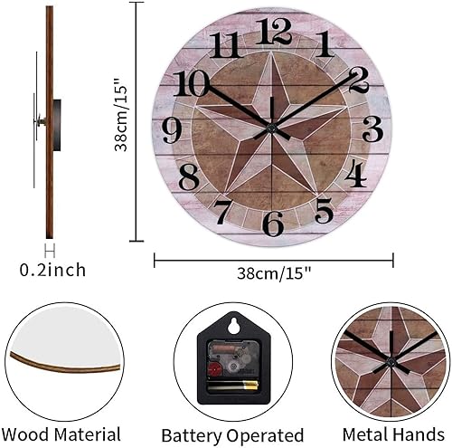 Miniatura 10 de Reloj de pared redondo de 15 pulgadas con estrella del oeste de Texas reloj de pared decorativo de madera rústica sin tictac funciona con pilas