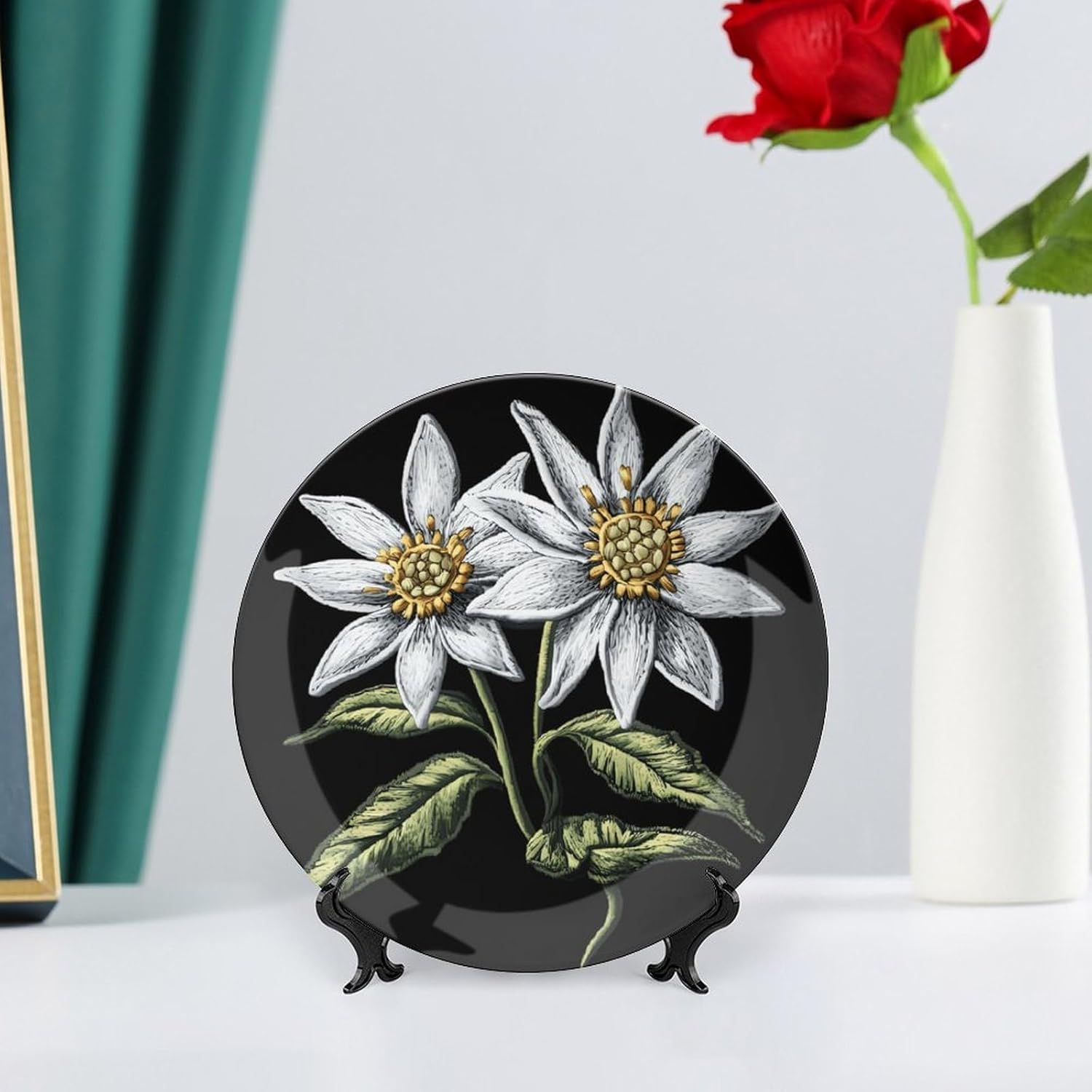 Edelweiss Flower with Leaves Decorative Plates for Display Ceramic Plate Tray with Stand Hanger Home Decor