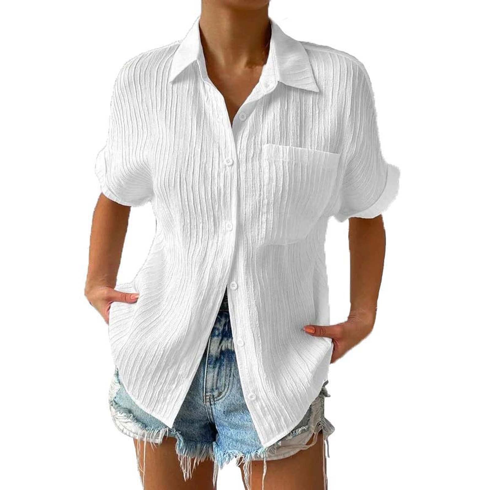 Camicie di garza alla moda a maniche corte con colletto per le donne con risvolto 2025 estate a righe abbottonate top in lino comodo leggero in cotone tuniche fidanzato Vcation casual tinta unita
