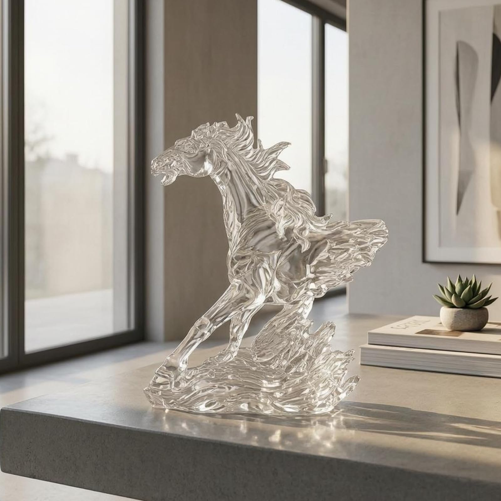 F Fityle Estatua Caballo Resina Escultura Figurilla Ornamento Decorativo Aspecto Similar al Cristal con Postura Erguida y Detalle en la Peana Adecuada para Sala Oficina Entrada Estanterías, Gris