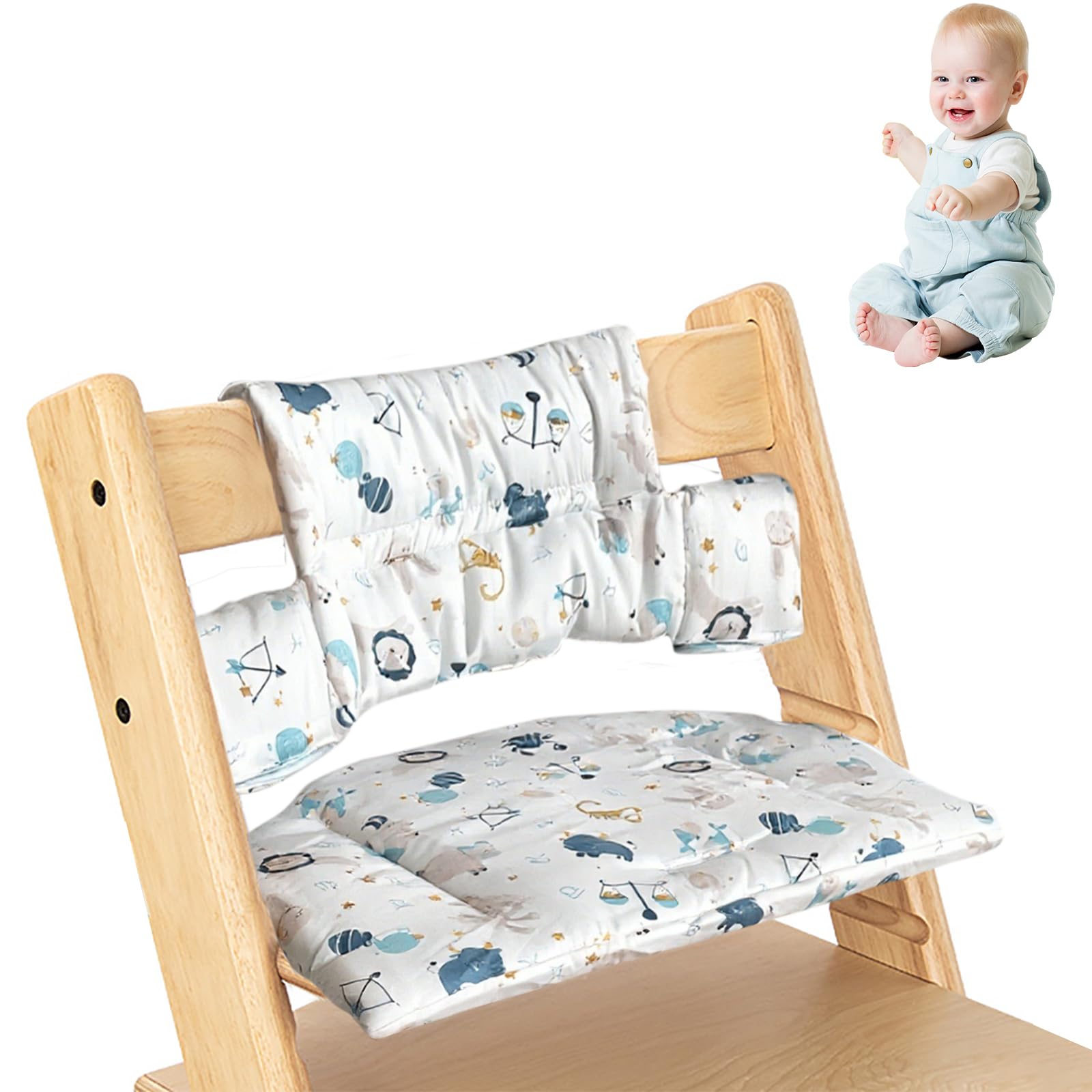 Cuscino per seggiolone Stokke Tripp Trapp, set da 2 pezzi in cotone biologico con rivestimento laminato impermeabile, facile da pulire e rimovibile, lavabile in lavatrice (animali marini)