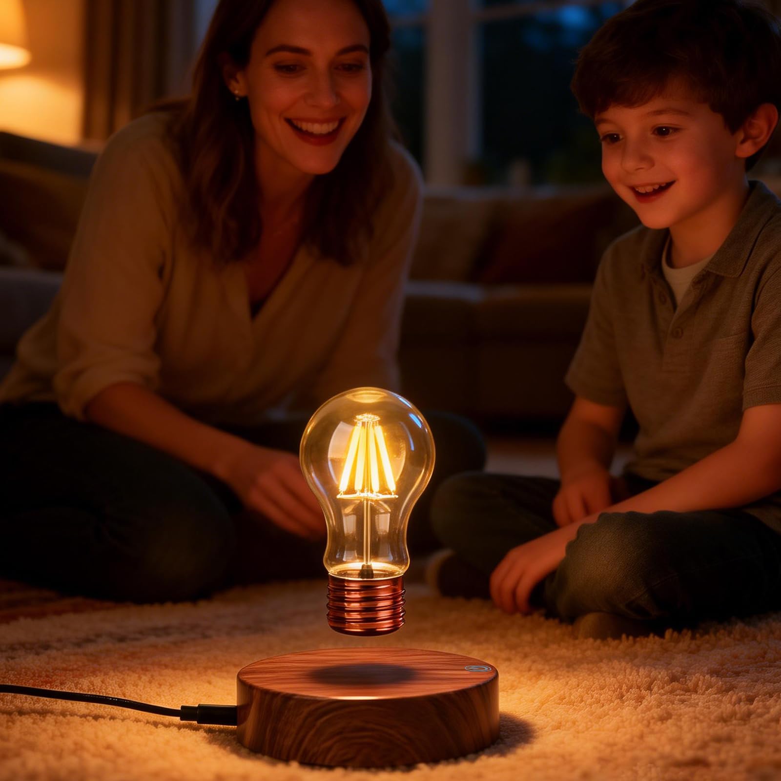 Magnetyczna lewitująca pływająca bezprzewodowa żarówka LED lampa biurkowa na wyjątkowe prezenty, wystrój pokoju, lampka nocna, dekoracja biurka do biura domowego (okrągła drewniana podstawa A)