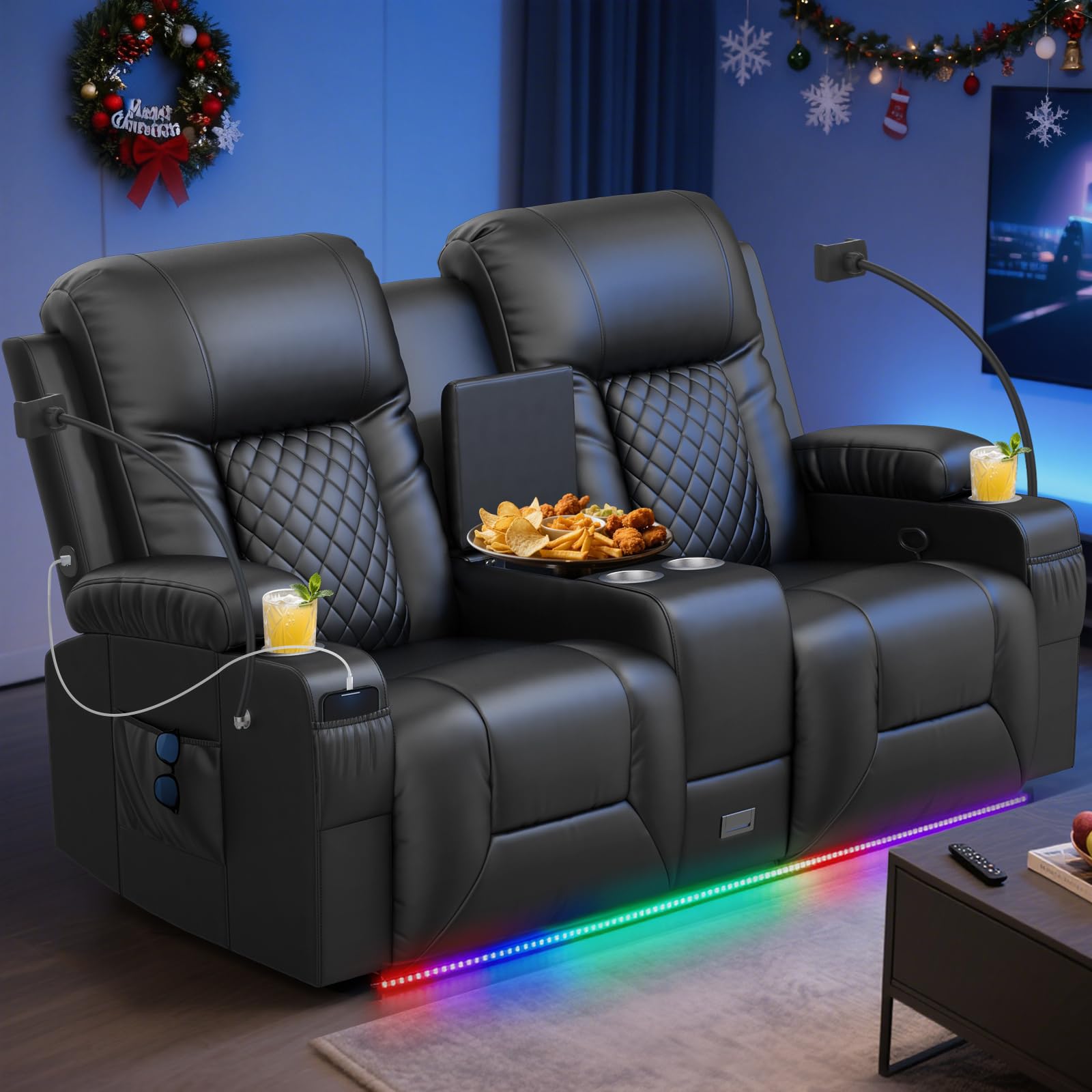 Loveseat Recliner Sofa, Home Theater Seating with Center Console, Reclining Loveseat RV Couch with USB Ports &amp; Phone Holders, Wall Hugger RV Sofa Furniture with Storage &amp; Pocket